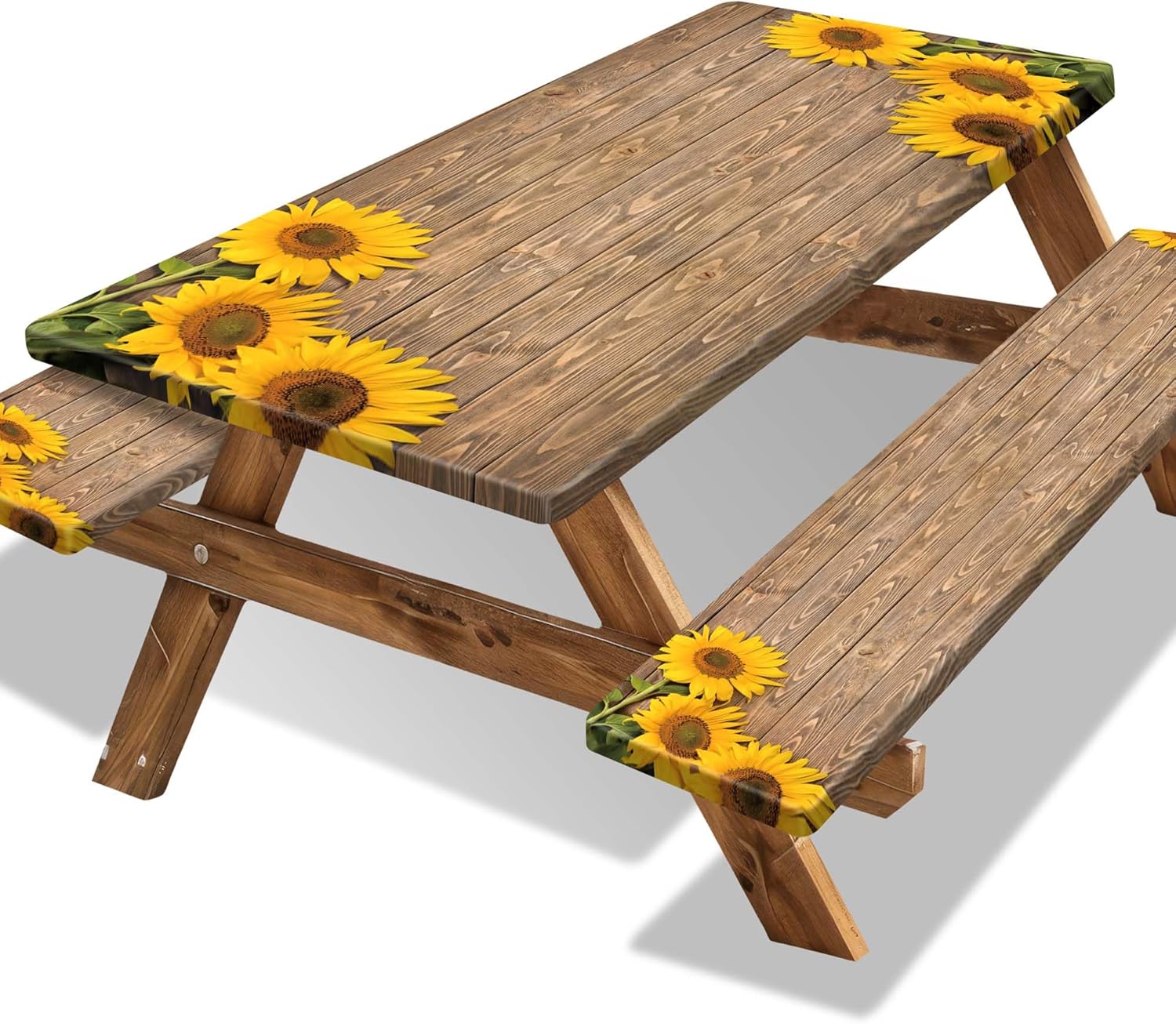Picnic Table Cover with Bench Covers 6FT Sunflower Waterproof Fitted Picnic Table Cloths Wood Texture Outdoor Elastic Picnic Tablecloth Outdoor Camping Essentials(3pcs-72")