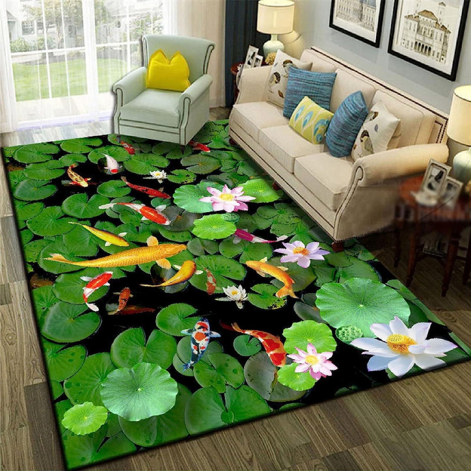 Lotus Leaf Fish Pond Rug 3D Rug, 80 X 160 Cm / 31.49 X 62.99 Inches Crystal Velvet Rugs Modern Non Slip Vertigo Carpet Trippy Rug For Bedroom/Living Room/Kitchen/Office, Soft Stain Resistant -5Z6P5K5