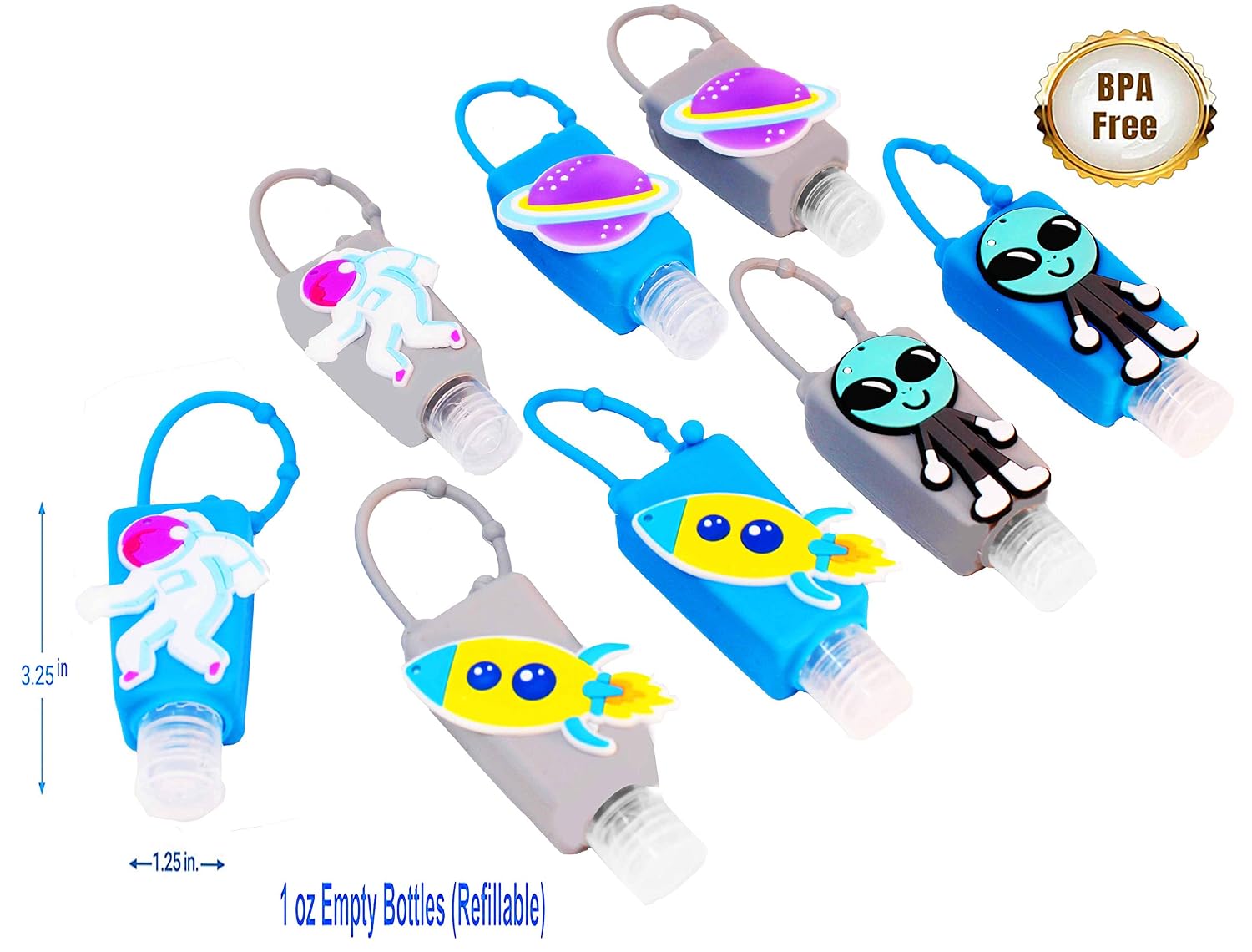 KINIA 8 Pack Empty SPACE Kids Hand Sanitizer Travel Size Holder Keychain Carriers, 8-1 fl oz Flip Cap Reusable Portable Empty Bottles (8-Variety Pack SPACE)