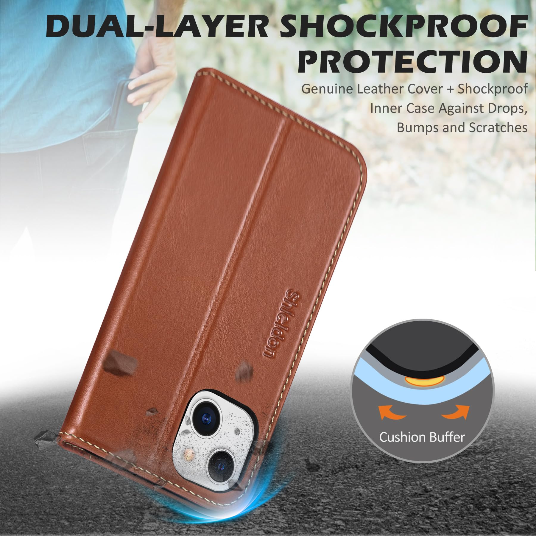 SHIELDON Funda Compatible con iPhone 13, Carcasa Cuero Genuino para iPhone 13 con Cáscara de TPU, Soporte Plegable, Bloqueo RFID, Funda Tapa Libro para iPhone 13(6.1"), Retro Marrón