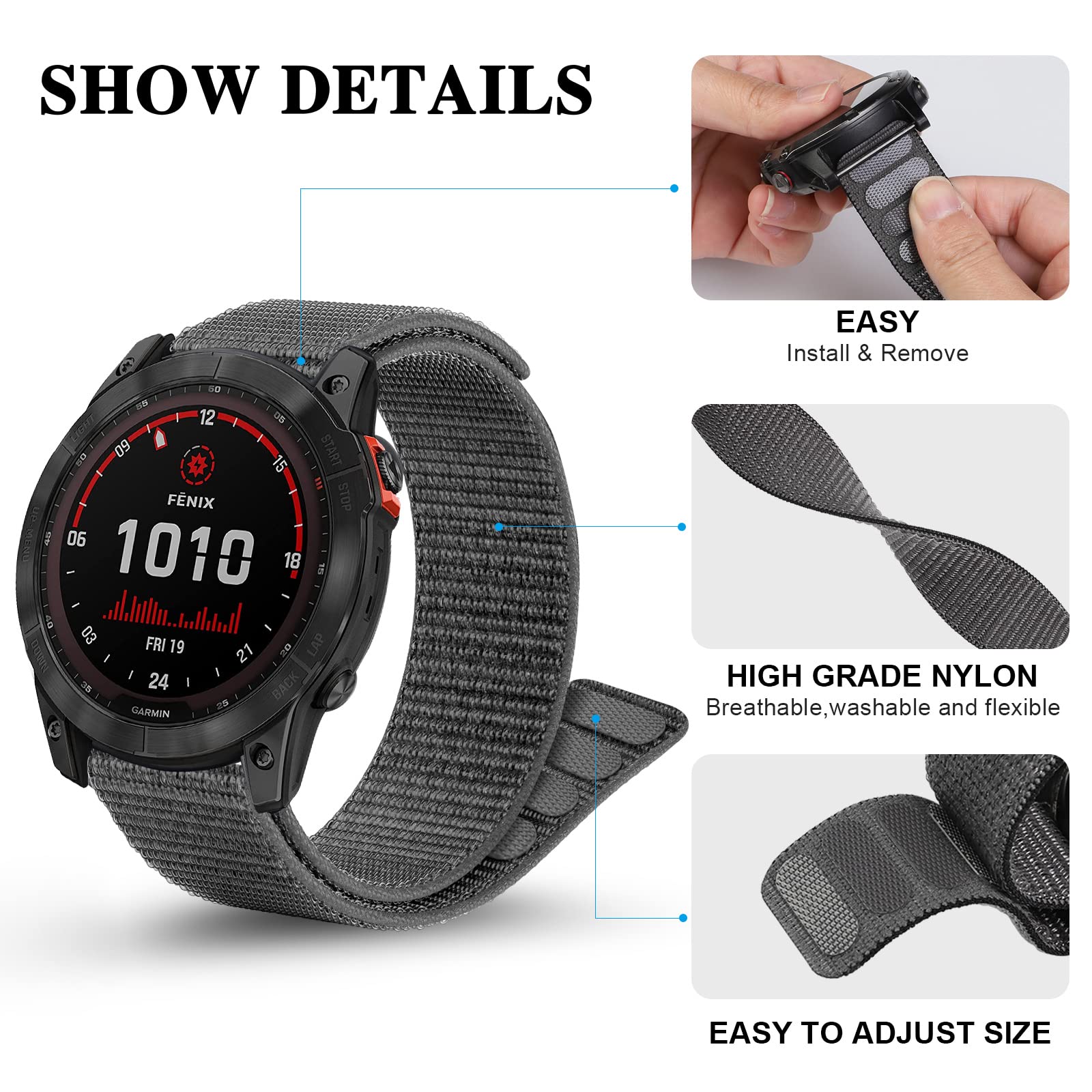 Strap for Fenix 5/Fenix 6/Fenix 7, 22mm Nylon Watch Sport Strap for Fenix 5, Fenix 6, Fenix 7, Fenix 5 Plus, Fenix 6 Pro - Image 3