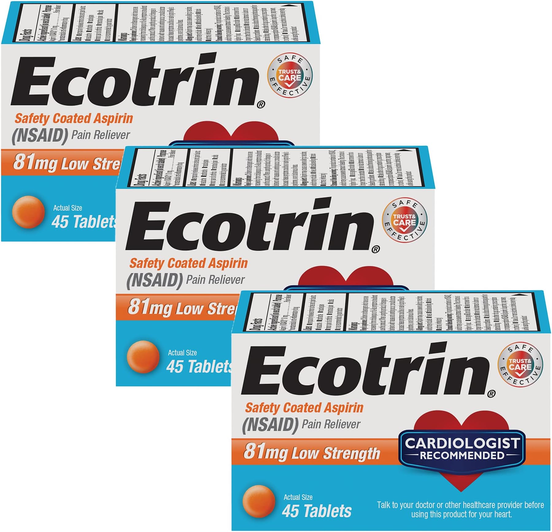 Ecotrin Safety Coated Aspirin Pain Reliever Tablets, Low Strength, NSAID 81mg, 45 ct (Pack of 3)
