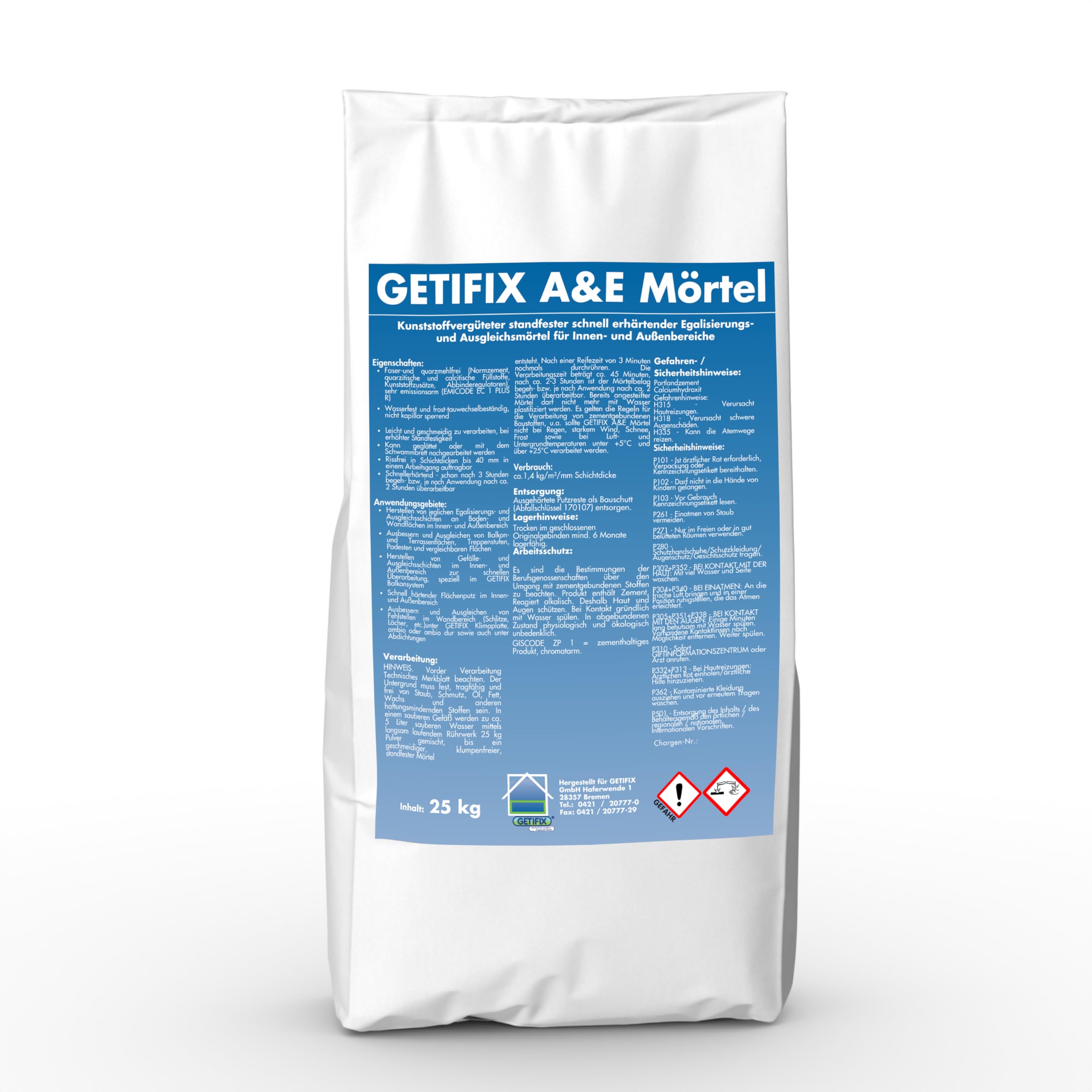 Ausgleichsmörtel - Egalisierung von Flächen - für Balkone, Wände innen und außen - auf zement-Basis, rissfrei, wasserfest, frostbeständig - 25 kg