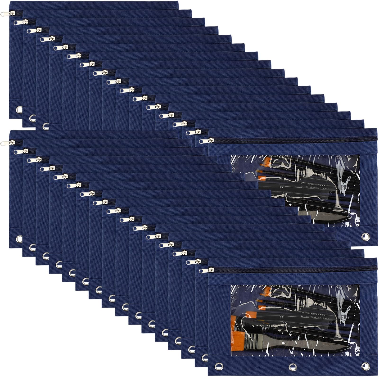 Marspark 30 Packs Pencil Pouch 3 Ring Binder Pen Pouch Cloth Pencil Pouches Zipper Pen Case Bag with Clear Window for School Office Writing Supplies