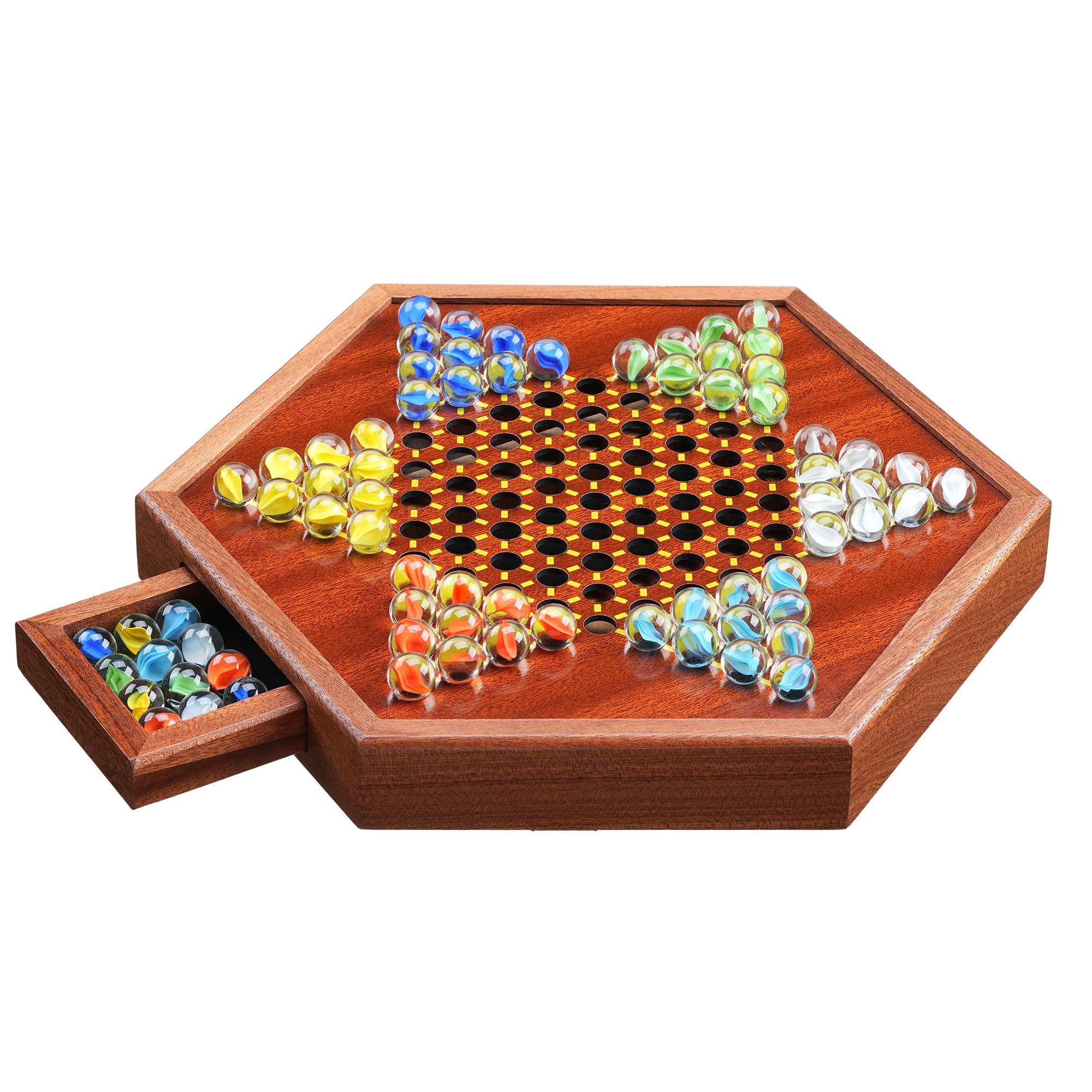 12.7" Wooden Chinese Checkers Board Game with Storage Drawer | 6-Player Marble Strategy Game | Classic Family Board Game for Kids & Adults | 16mm 60+12 Colorful Glass Marbles, More Easy Grasping