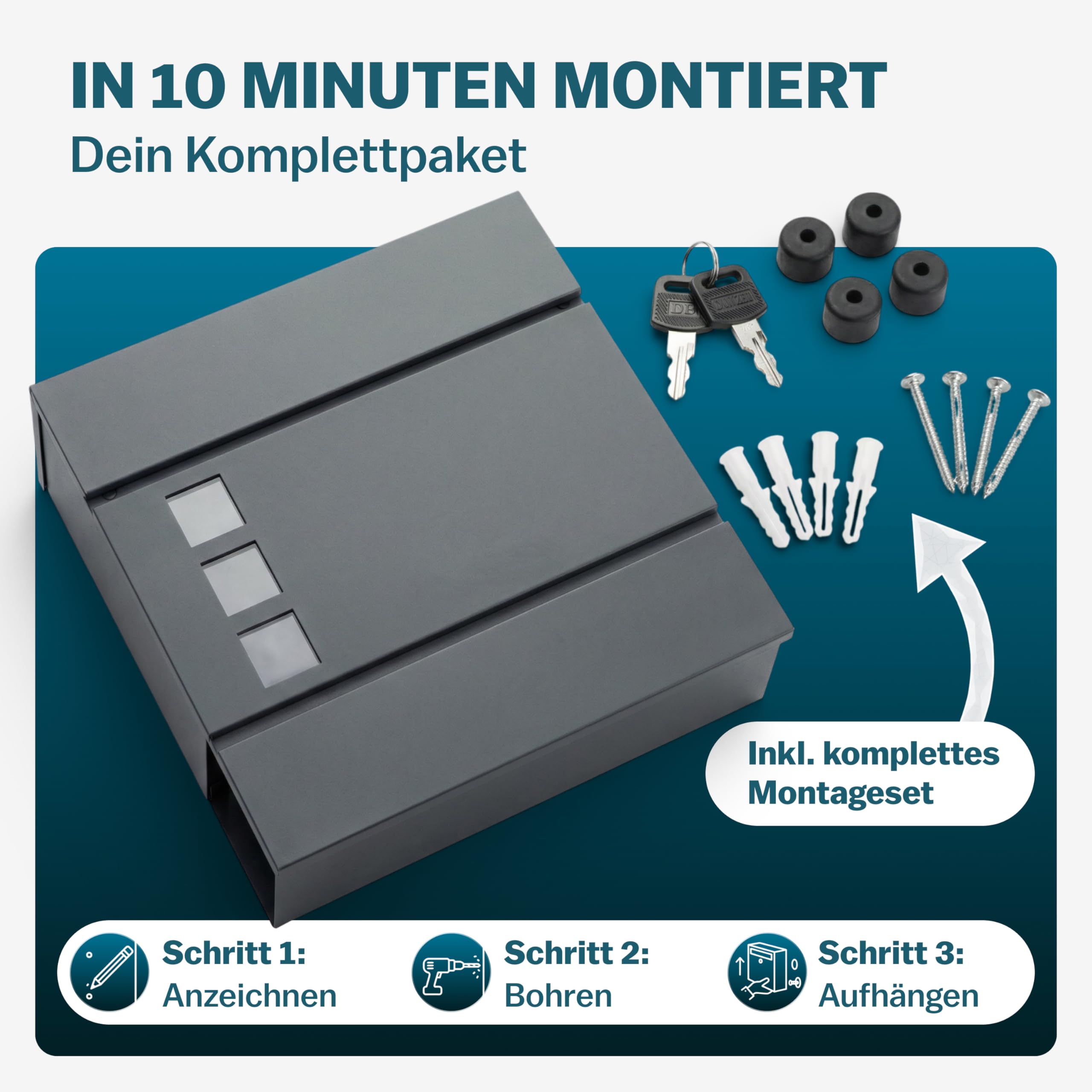 MONZANA® XXL Briefkasten Postkasten mit Zeitungsfach Sichtfenster abschließbar 2 Schlüssel Montagematerial Stahl modern einfache Montage Zeitungsrolle Wandbriefkasten Anthrazit