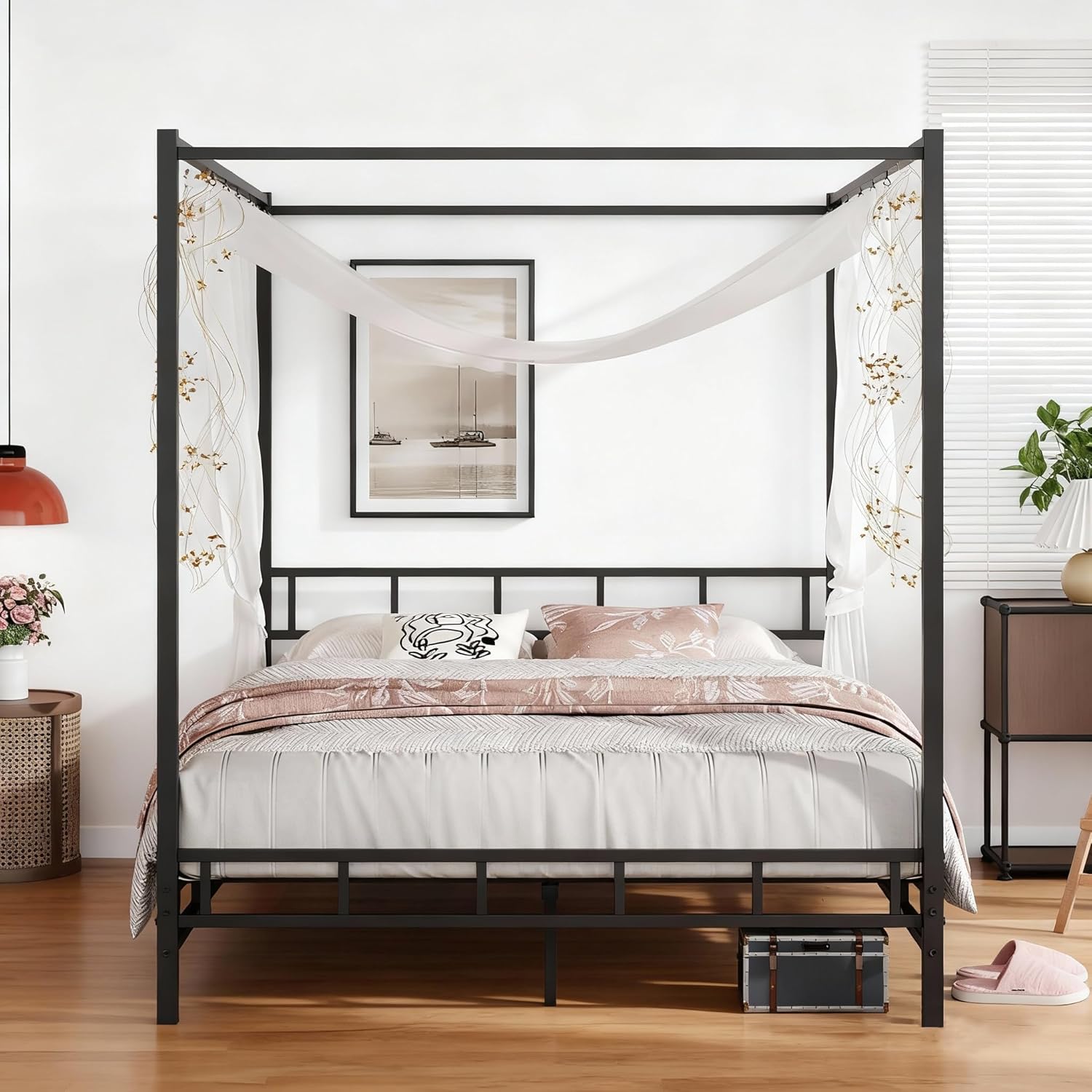 canopy bed frame close-up of top rail and curtains