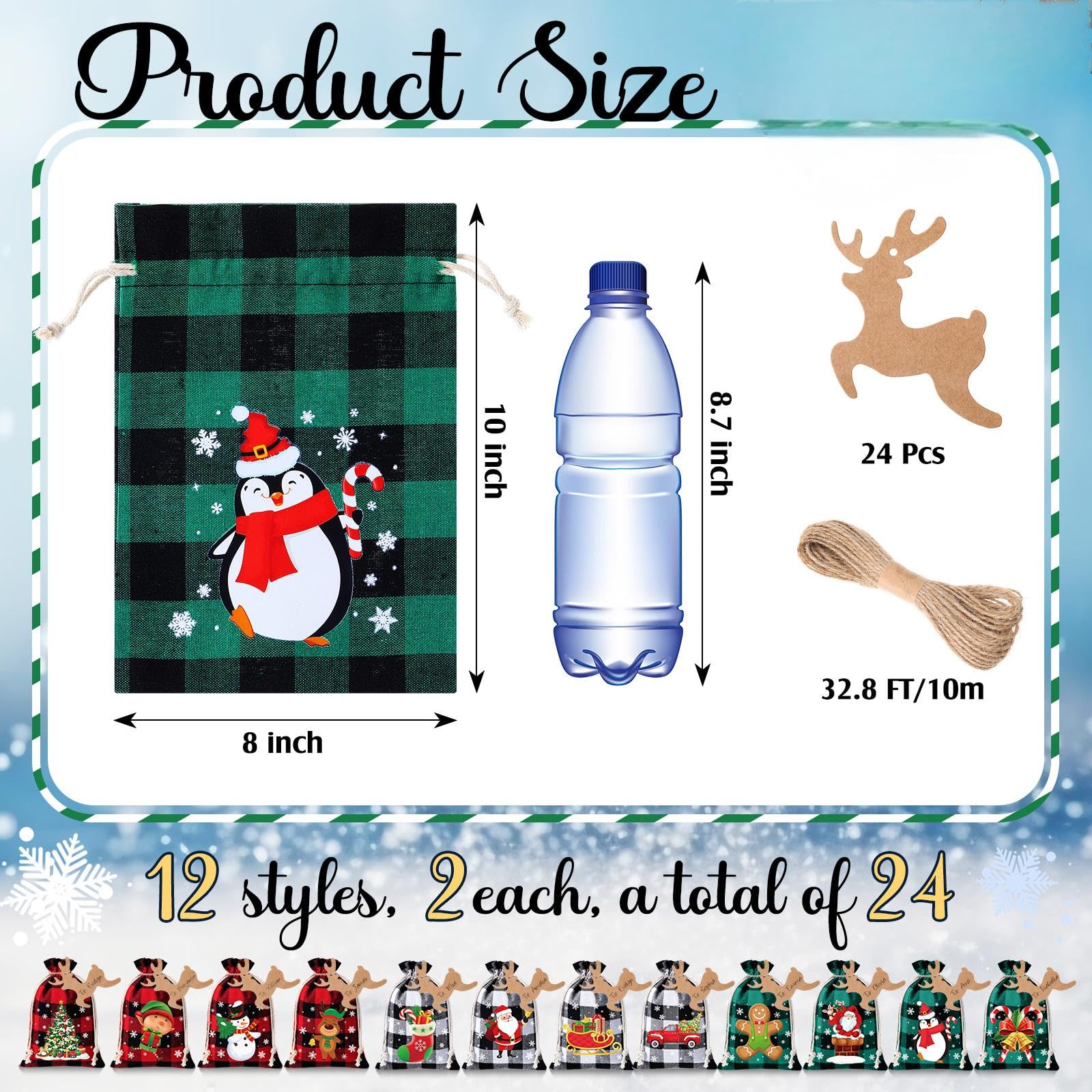 Shappy Lot de 24 sacs cadeaux de Noël en toile de jute avec cordons de serrage - Petits sacs cadeaux de Noël pour Noël, vacances, Nouvel An, fournitures de fête (25,4 x 20,3 cm, style élégant)