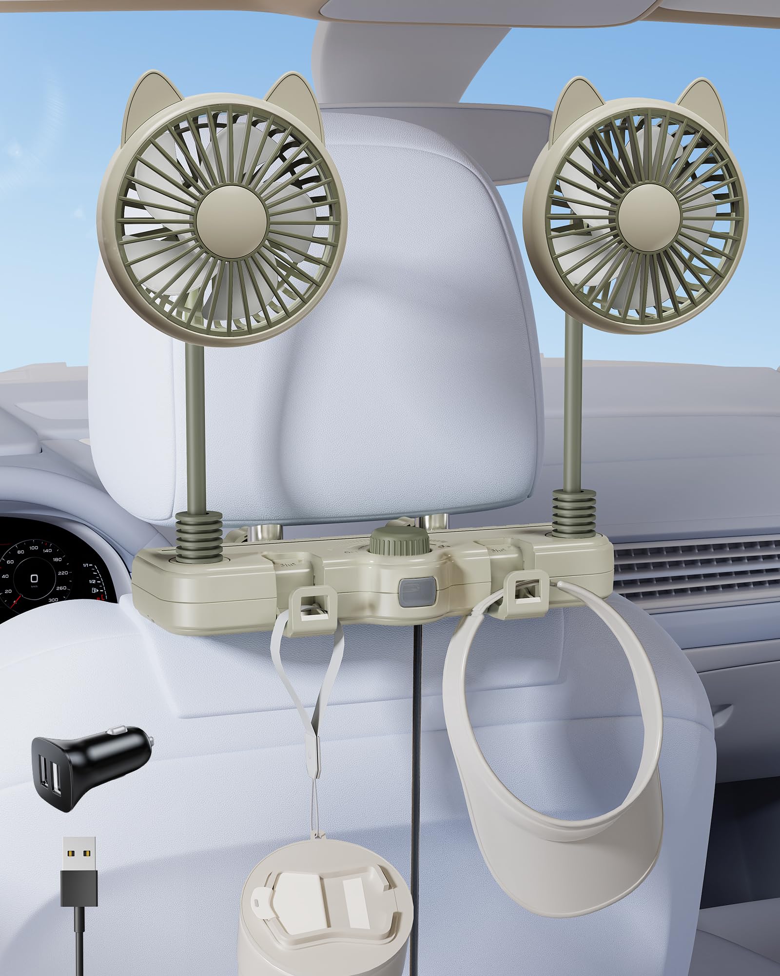 xuenair Dual 360 Hose USB Fan for Car Back Seat, 2 Storage Hook