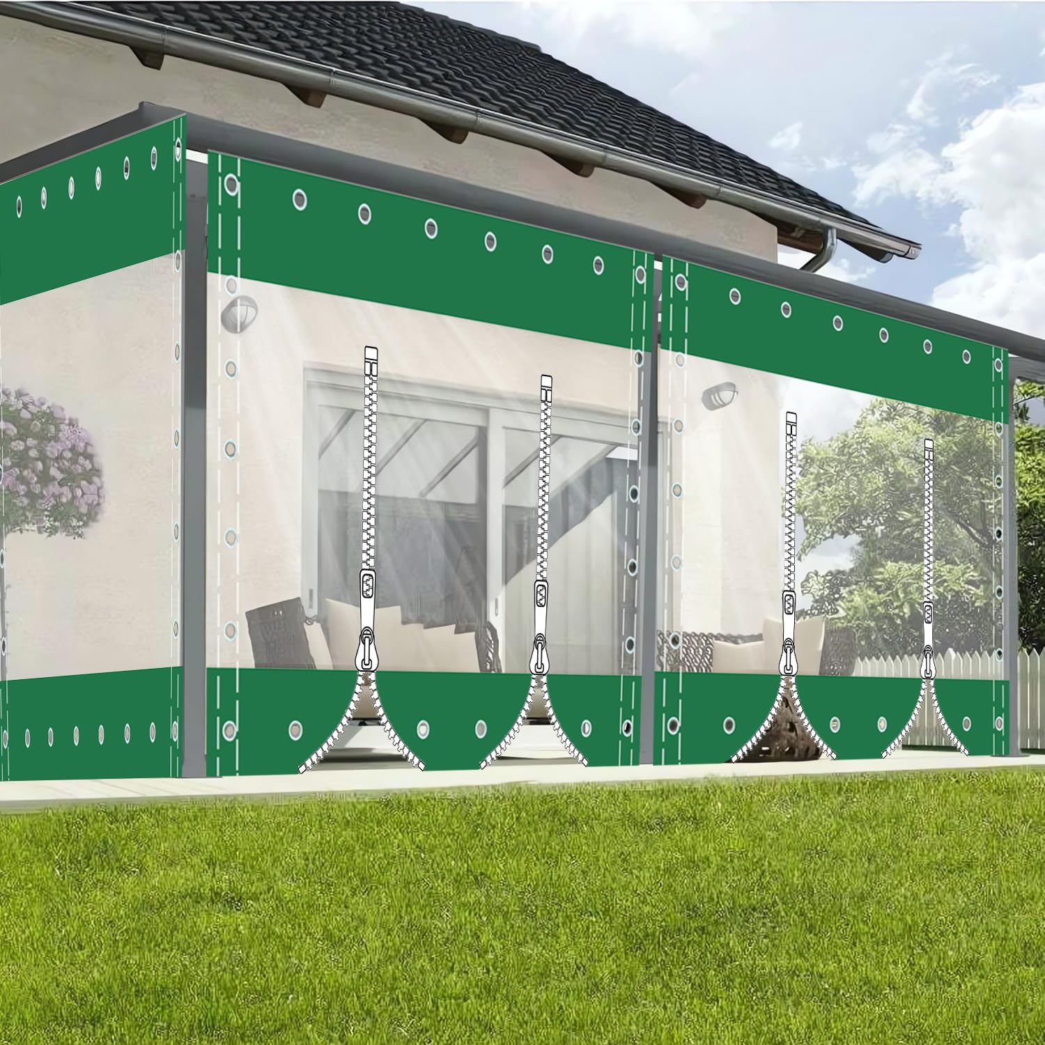 Clear Waterproof Tarpaulin Curtains with Grommets,Heavy Duty Transparent Tarpaulin with Zipper,Outdoor Side Panels for Pergola/Patio/Porch/Gazebo,（Height x Length）1.5x2m/4.92x6.56ft