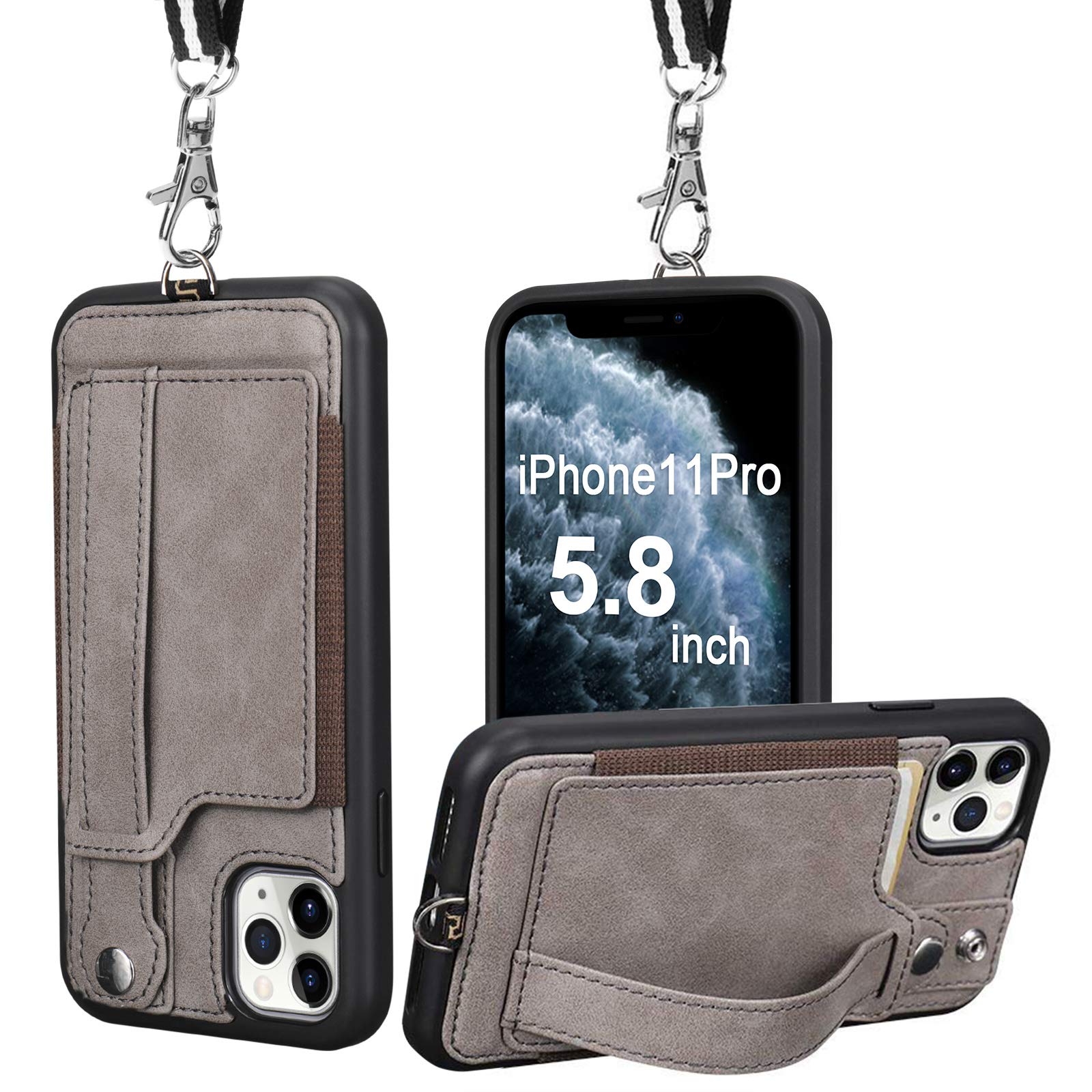 TOOVREN iPhone 11 Pro Wallet Case, iPhone 11 Pro Case, Protective PU Case with Kickstand Card Holder, Ajust Detachable Necklace Lanyard Strap Perfect for Apple iPhone 11 Pro 5.8'' (2019) Gray
