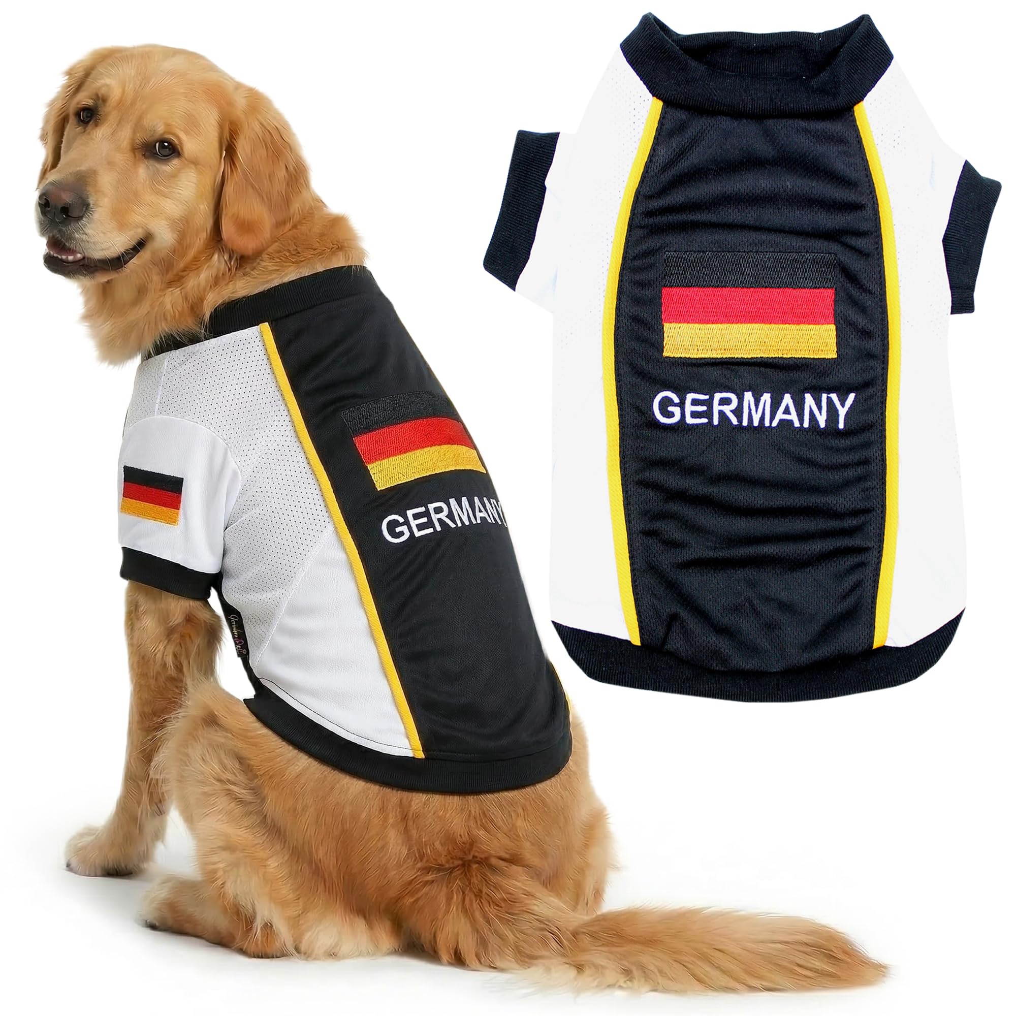 Parisian Pet Dog Jersey - Embroidered “ Germany “ Breathable Mesh Fabric Dog Sports Costume - Football, and Olympic Sportswear Pet Clothes - Lightweight Dog Jerseys for Large Dogs - 4XL