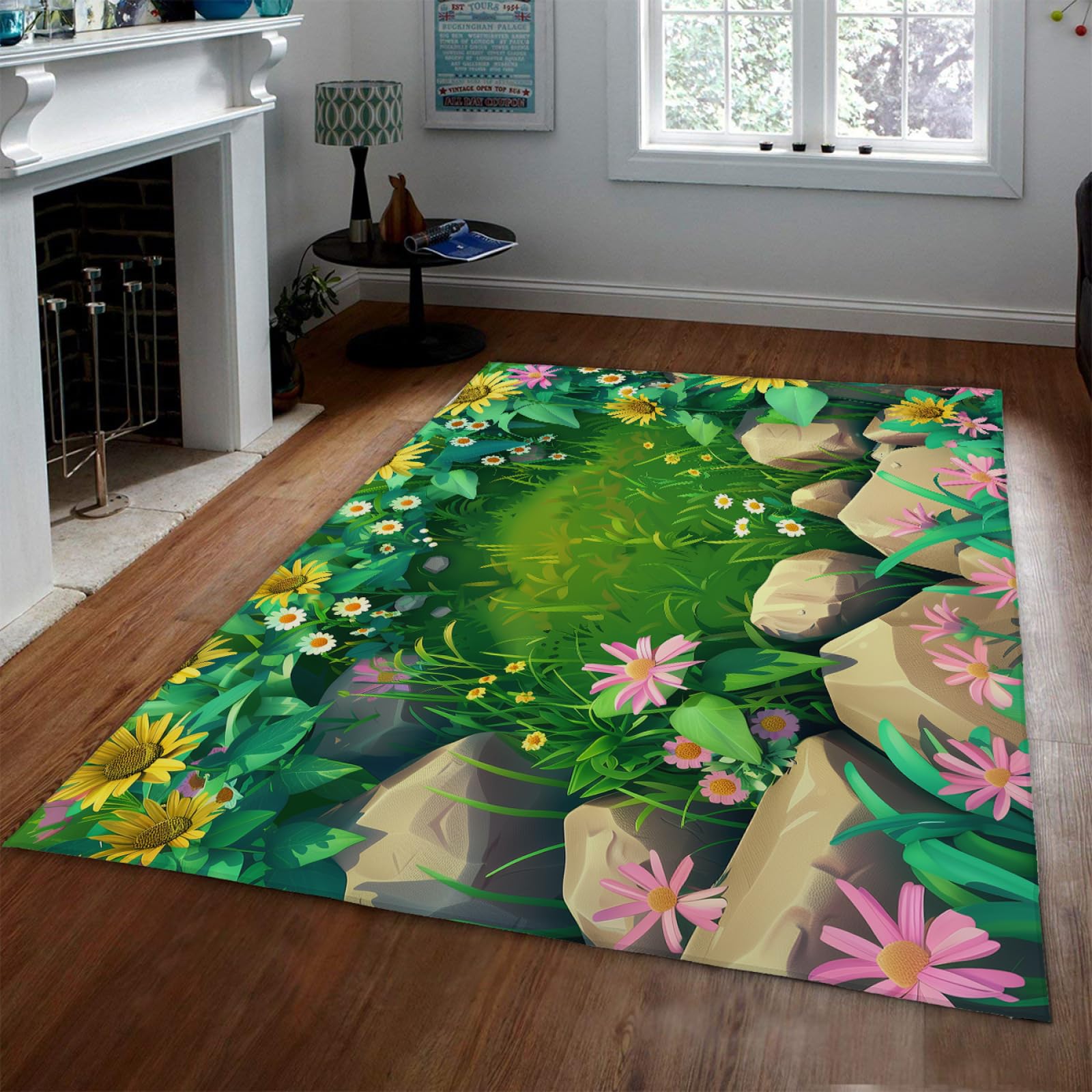Tapis de chambre enfant multicolore avec marguerites 120x160 lavable