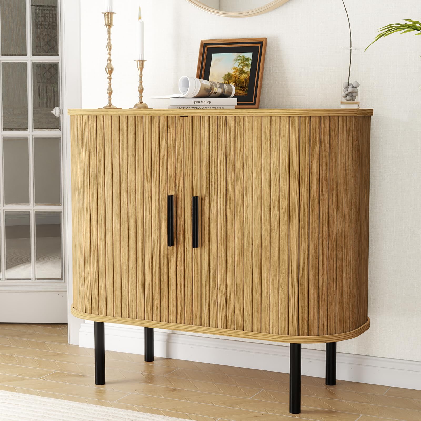 EAG 35" Fluted TV Stand, Mid Century Modern Entertainment Center with Storage, Sliding Doors & Adjustable Shelves, Small TV Stand for Living Room,