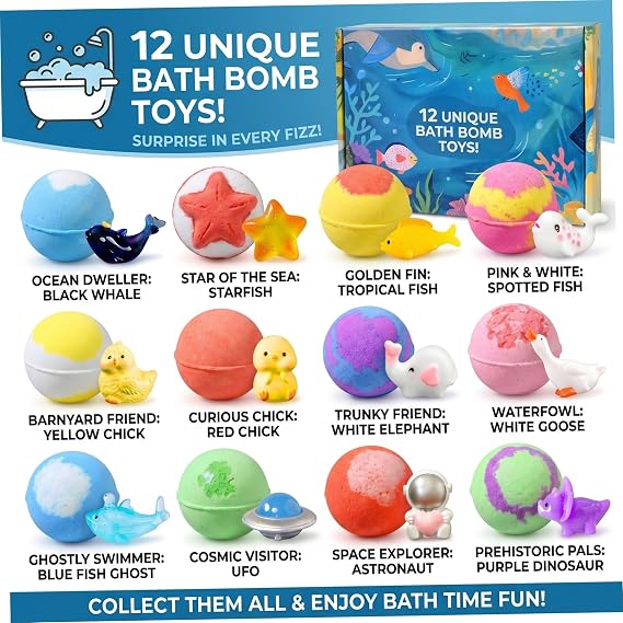 Bath Bombs for Kids with Toys Inside, 12-pack Kids Bath Bombs with Splashy Surprises, Ocean-themed Surprise Fizzies, 60g Each