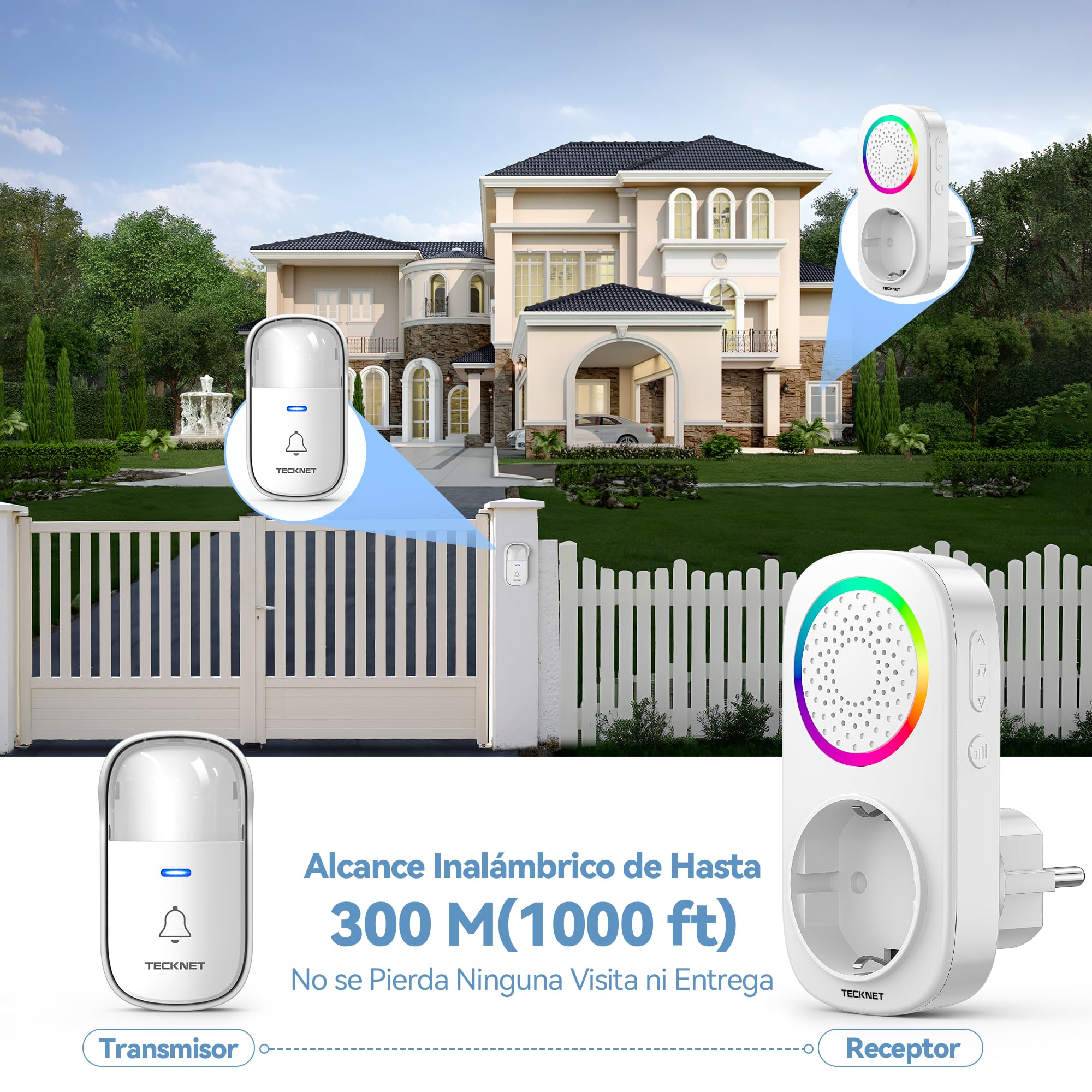 TECKNET Timbre Inalámbrico, 300M RGB Timbre Inalámbrico Autoalimentado, IP65 Timbre Electrónico Impermeable con 60 Melodías, 5 Niveles de Volumen y Flash LED para Hogar Oficina Hotel