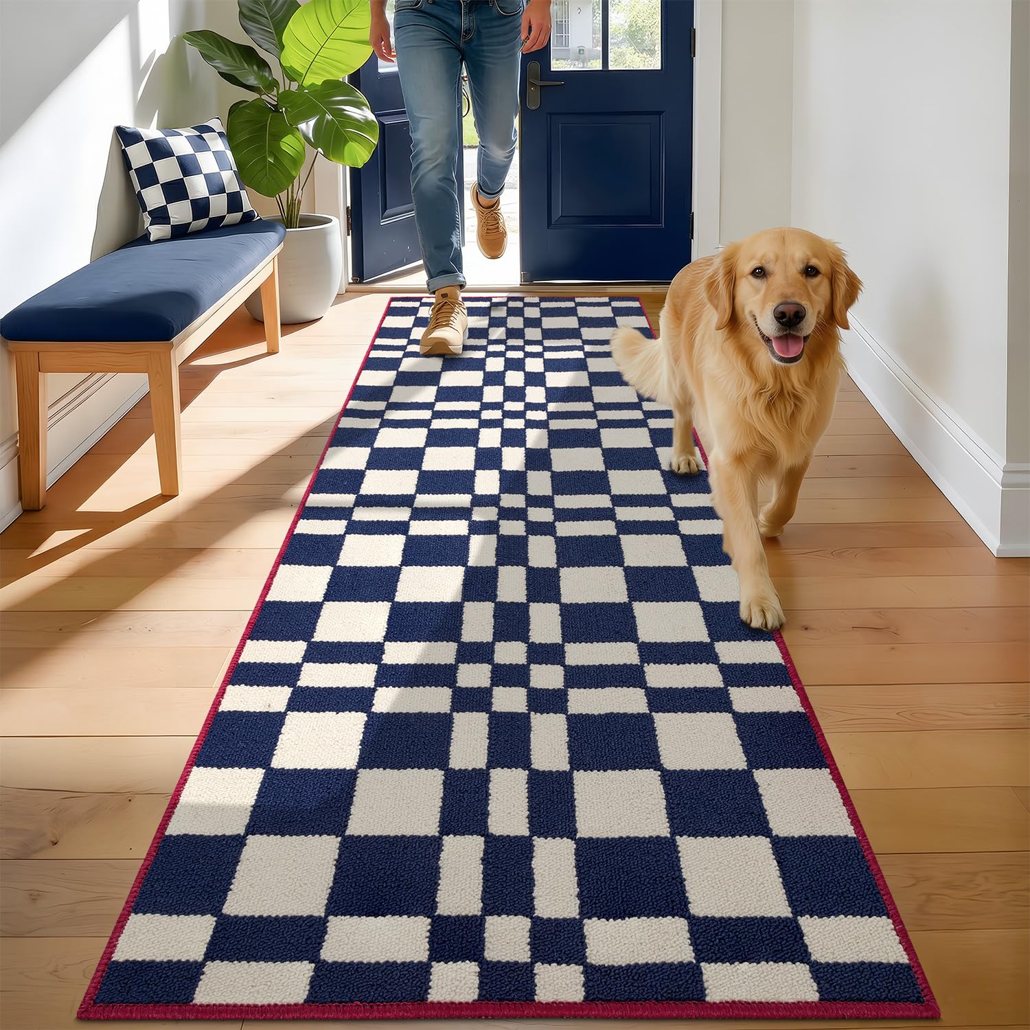 Biscpro Checkered Grid Dirt Trapper Indoor Doormat,60x180cm Blue Door mat