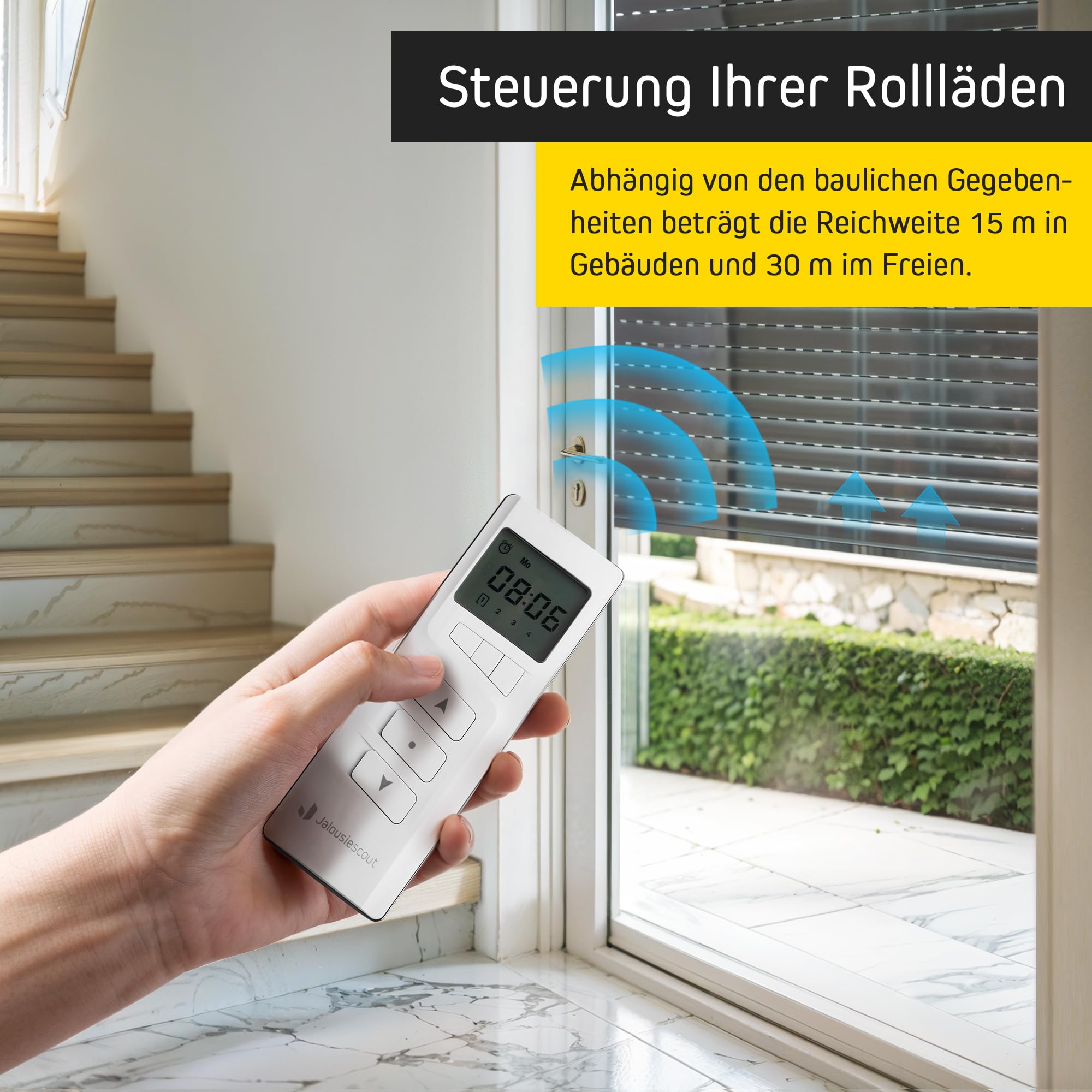 Jalousiescout Funkhandsender 4-Kanal MKT 04 Funksteuerung Fernbedienung, 434,92 MHz, Integrierte Zeitschaltuhr mit Wochenprogramm, LCD Display, kabellos, inkl. Wandhalterung