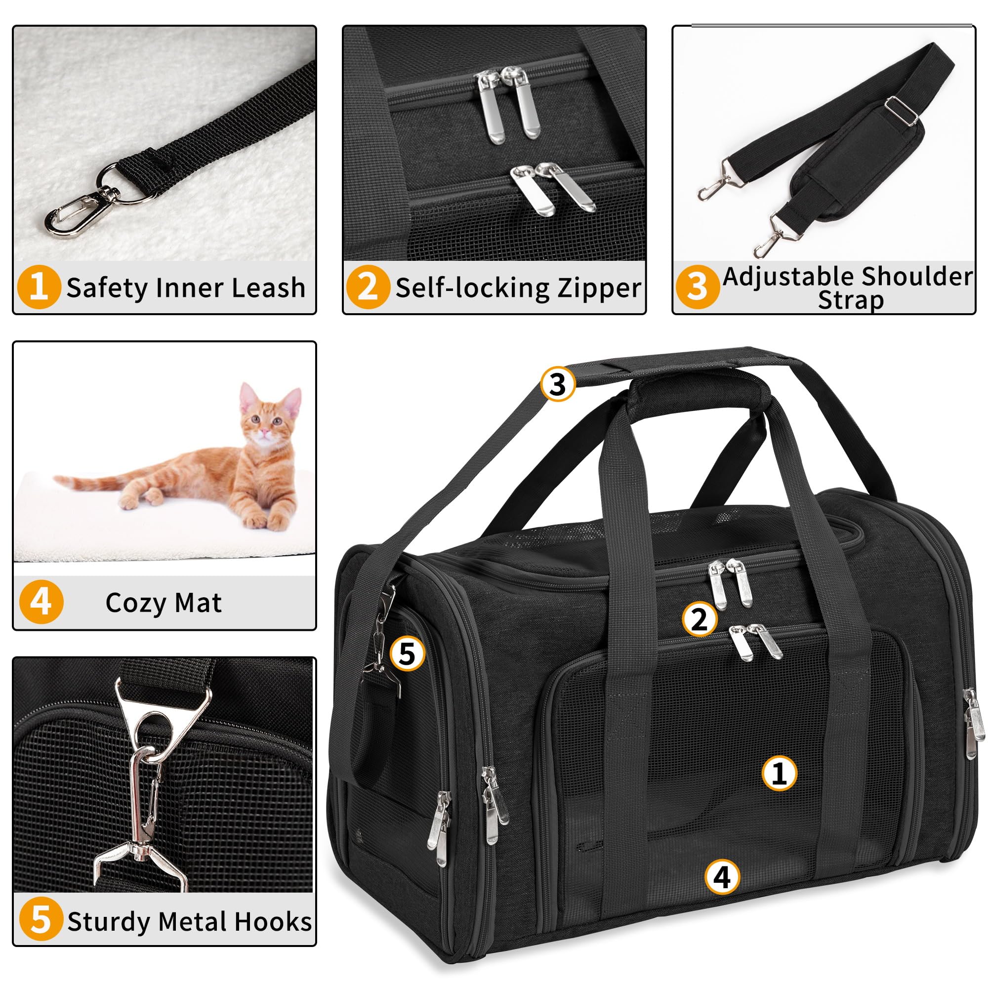Soft-Sided Cat/Dog/Pet Carrier, Collapsible Pets Travel Carriers for Big Cats/Small Dogs with Shoulder Strap & Removable Mat, Mesh Puppy Carry Bag, Up to 16 Lbs, TSA Airline Approved(Black) - image 4