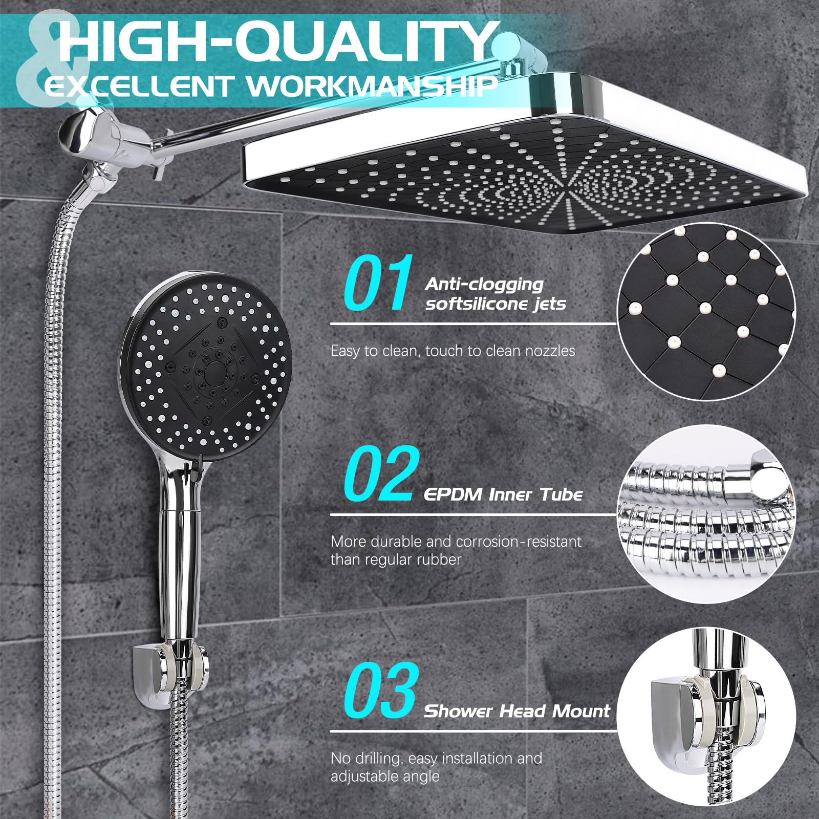 Soffione doccia filtrato 35,5 cm ad alta pressione con braccio deviatore a 3 vie, soffione doccia a pioggia con 10 spruzzi d'acqua portatile, soffione doccia regolabile con ugelli