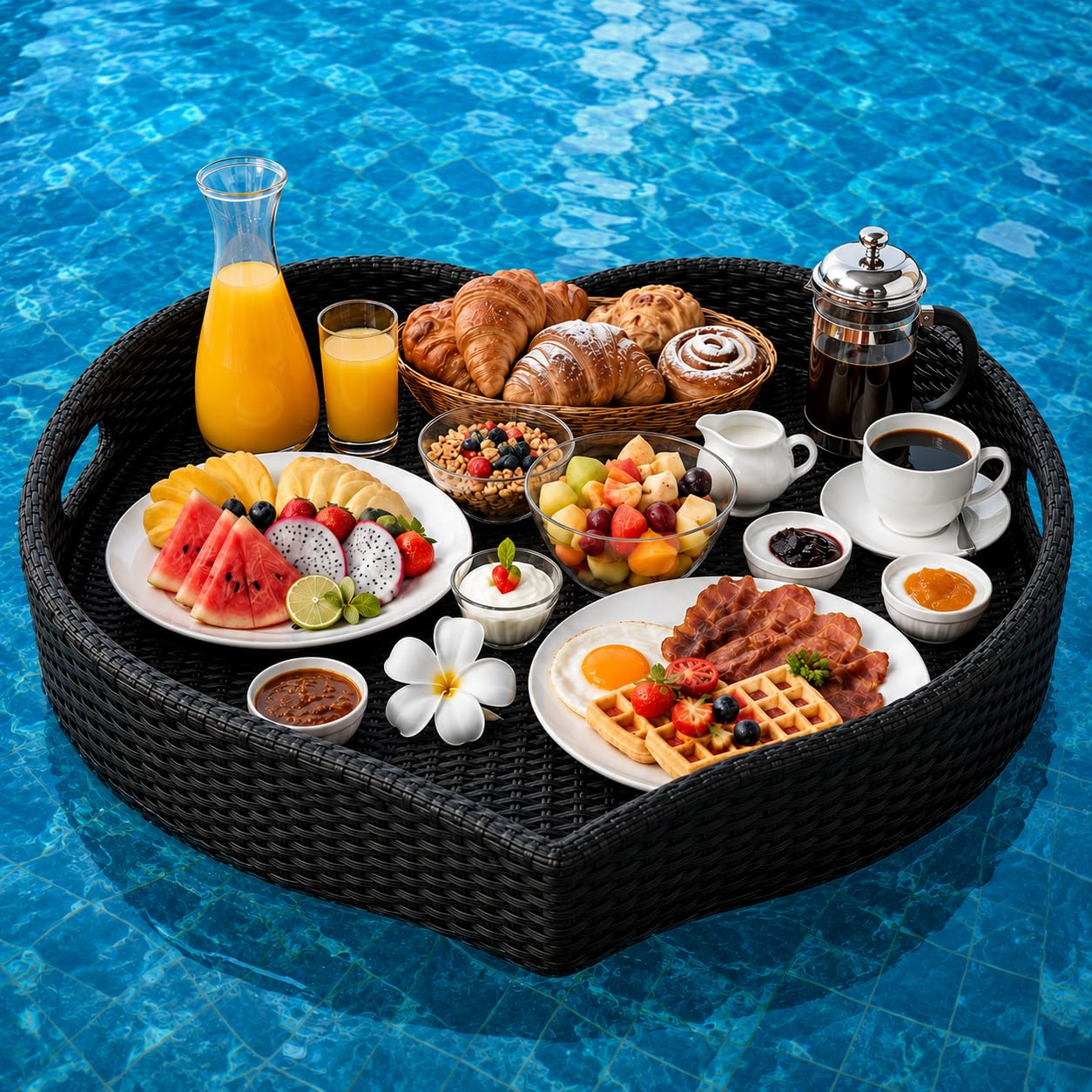 Vassoio da Portata Galleggiante per Piscina, 60 x 20 cm, 4 Colori HeartBlack | Rattan PE Intrecciato, Telaio in Alluminio, Anima in Schiuma e Bordo Alto Mantengono il Servizio Stabile e Facile da Pulire.