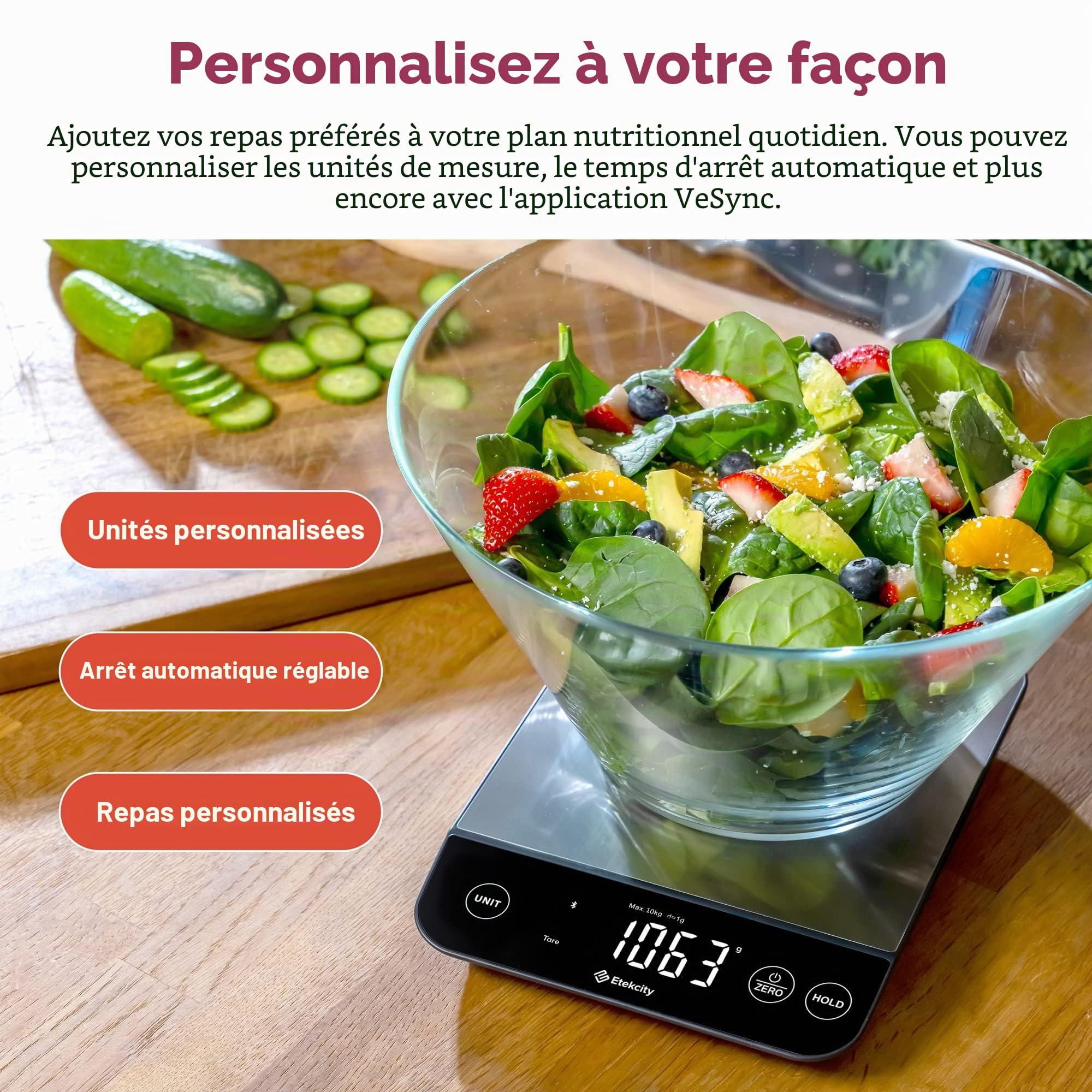 Etekcity Luminary Balance numérique de cuisine Bluetooth 10 kg, étanche, rechargeable, onces et grammes pour la perte de poids, la cuisine, acier inoxydable 304