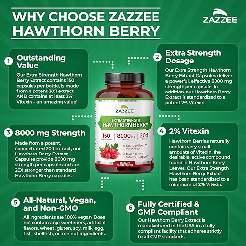 Miniatura 8 de Zazzee Extracto de baya de espino extra fuerte 201, 8000 mg de fuerza, 2% de vitexina, 150 cápsulas veganas, suministro de 5 meses, extracto