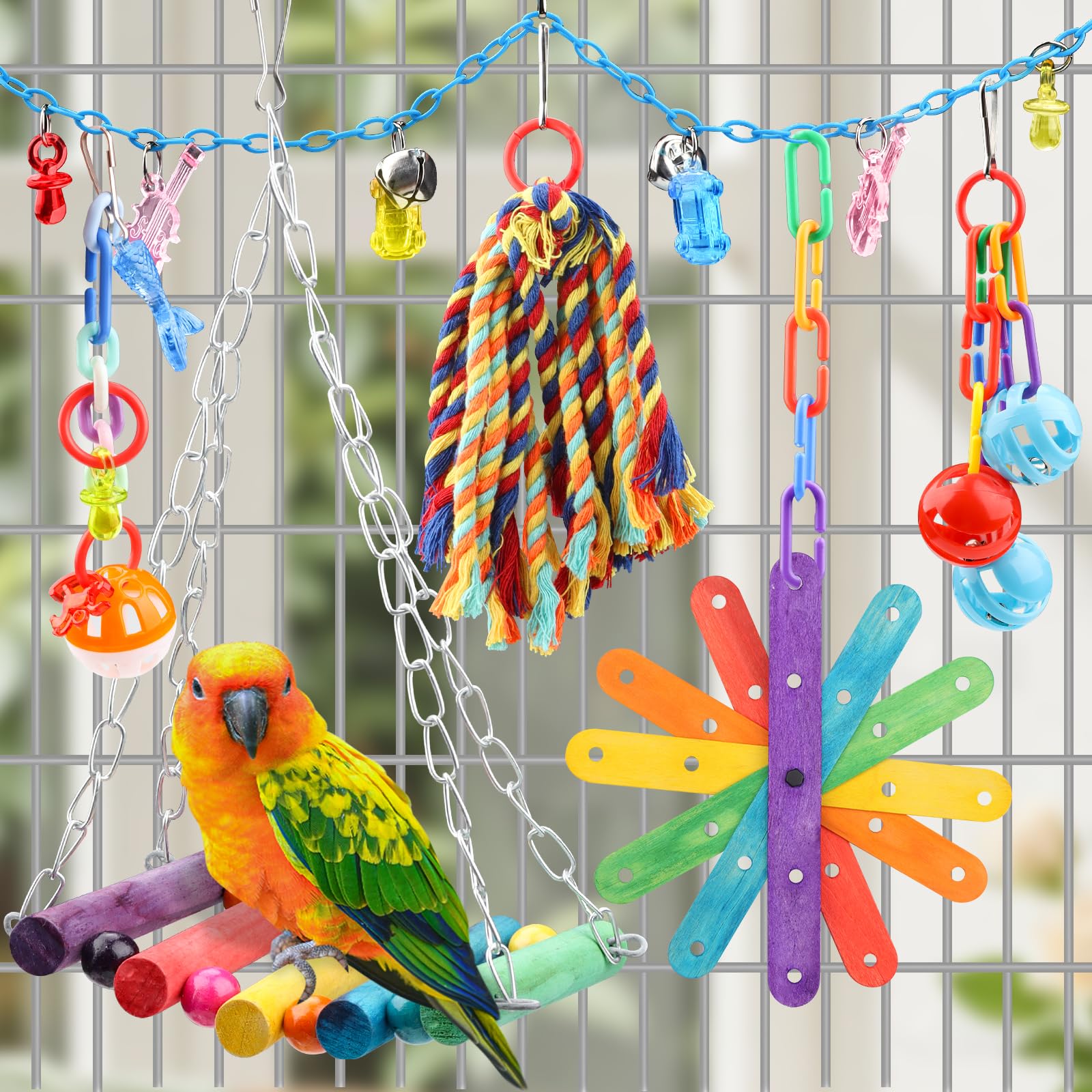 QUOZUO Jouets pour Oiseaux, 9 Pièces Jouet Perroquet, Jouets à Mâcher à Suspendre, Accessoire de Cage à Oiseaux, Balançoire, Échelle, Cloches, pour Perroquet, Pinsons