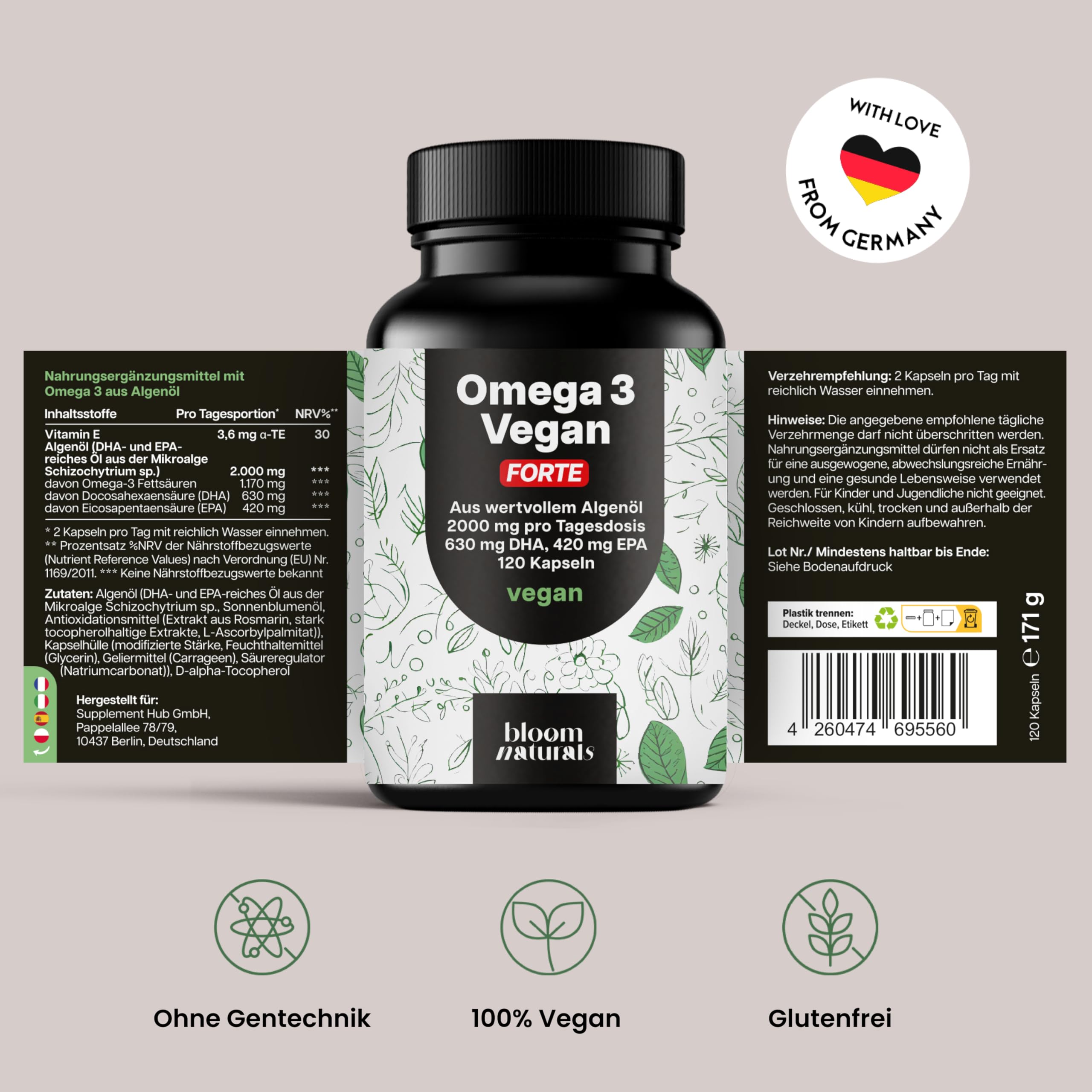 Omega 3 Kapseln Hochdosiert FORTE Vegan - 120 Kapseln - 2000mg Algenöl - 630 mg DHA & 420 mg EPA - Vegan & Produziert in Deutschland - Laborgeprüft - Verpackung kann variieren