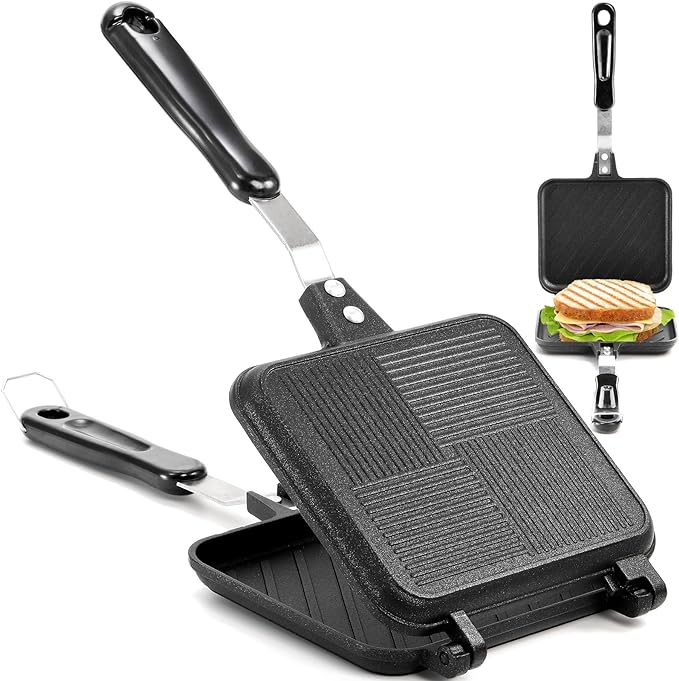 Elsjoy Aluminium Doppelseitige Bratpfanne, Toastpfanne mit Hitzebeständigem Griff, Antihaftbeschichtung Sandwich Panini Maker, Camping Toaster Sandwich Maker für Haus, Küche, Frühstück
