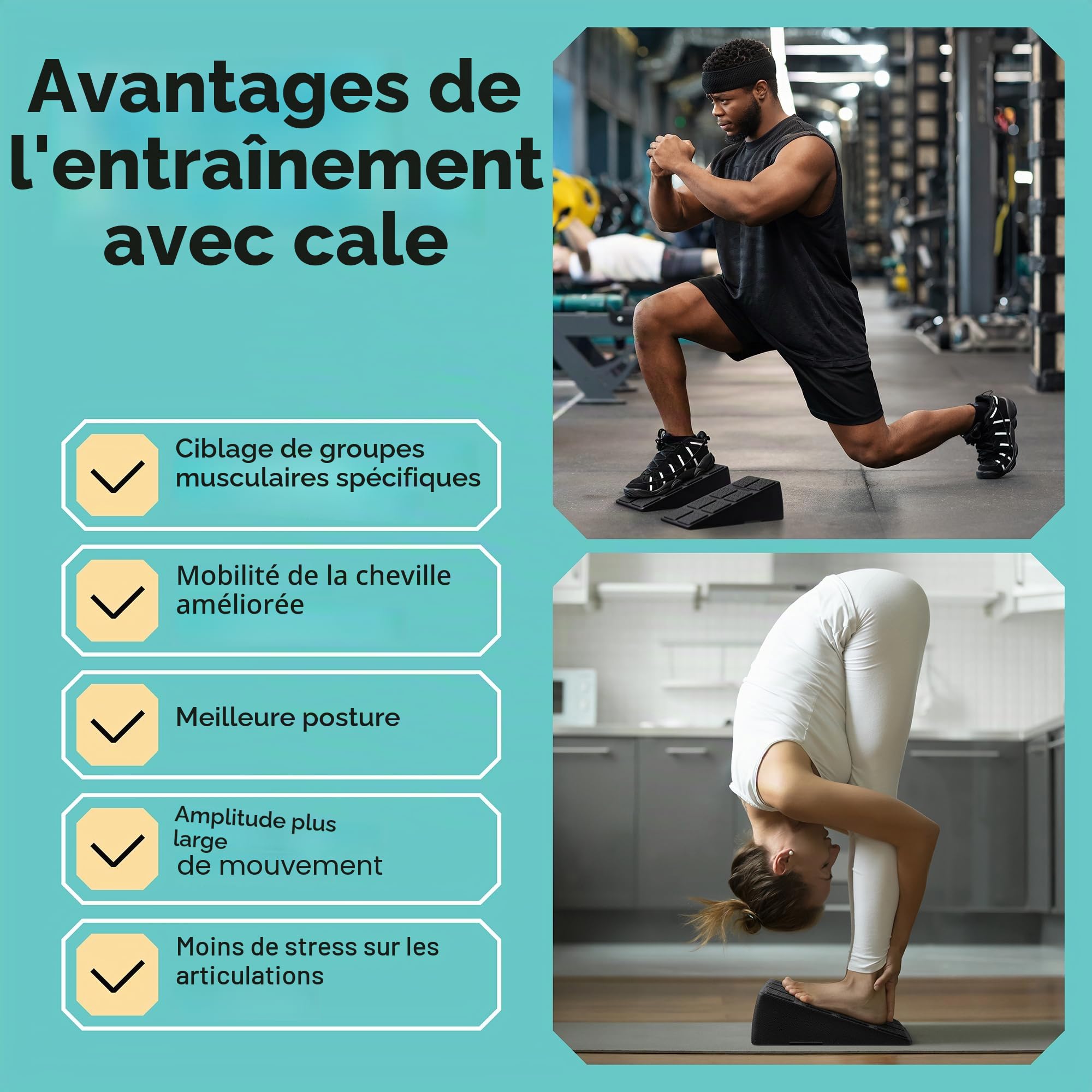 Cale de squat – Bloc incliné pour squats avec une capacité de charge de 236 kg – Planche inclinée pour étirement des mollets – Étireur de mollets incliné – Blocs de yoga