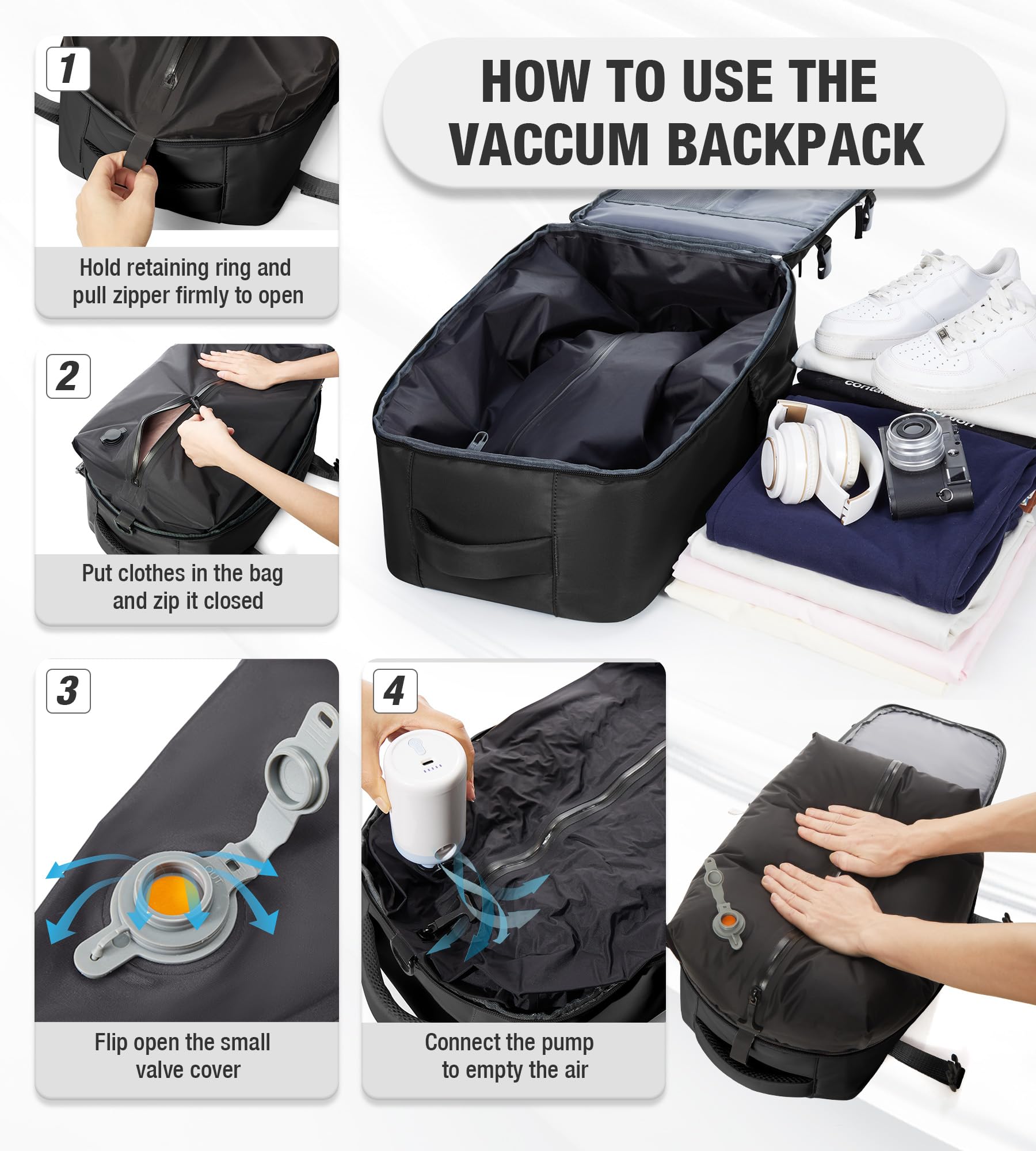 Zaino da Viaggio Grande Zaino Sottovuoto Con Pompa Donna da Escursionismo Sportivo da Esterno impermeabile Zaino Casual Laptop da 15.6 Pollici Borsa da Viaggio Uomo Nero
