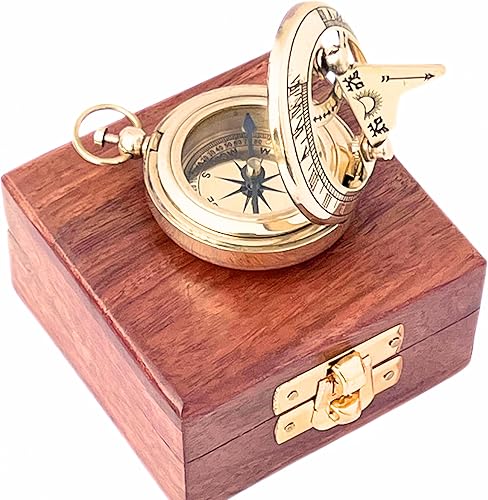 Brújula de reloj solar marino con brújula de bolsillo sólida náutica antigua en caja, pulido vintage con acabado de latón, colección de dispositivos