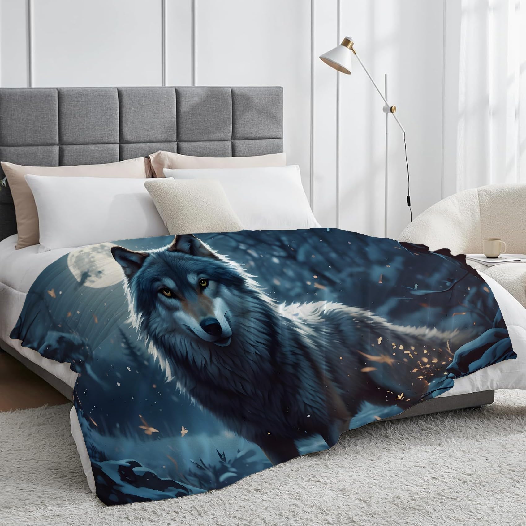 Generisch Puszysty koc do wtulania się w niebieski wilk 220 x 240 cm, miękki i dwustronny koc polarowy, idealny koc na sofę dla wszystkich, przytulny koc na sofę i łóżko SF396