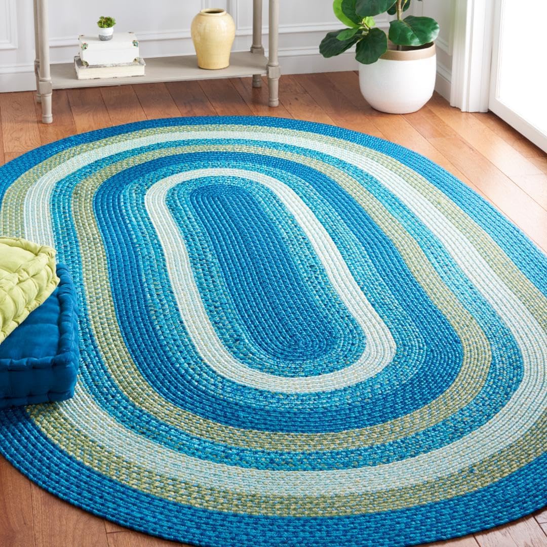 SAFAVIEH Washable Rug Outdoor Braided Collection - 5' x 8' Oval, Aqua & Green, Handmade & Reversible, Non-Shedding & Easy to Clean, Ideal for Patio, Backyard, Mudroom (BRA230J)