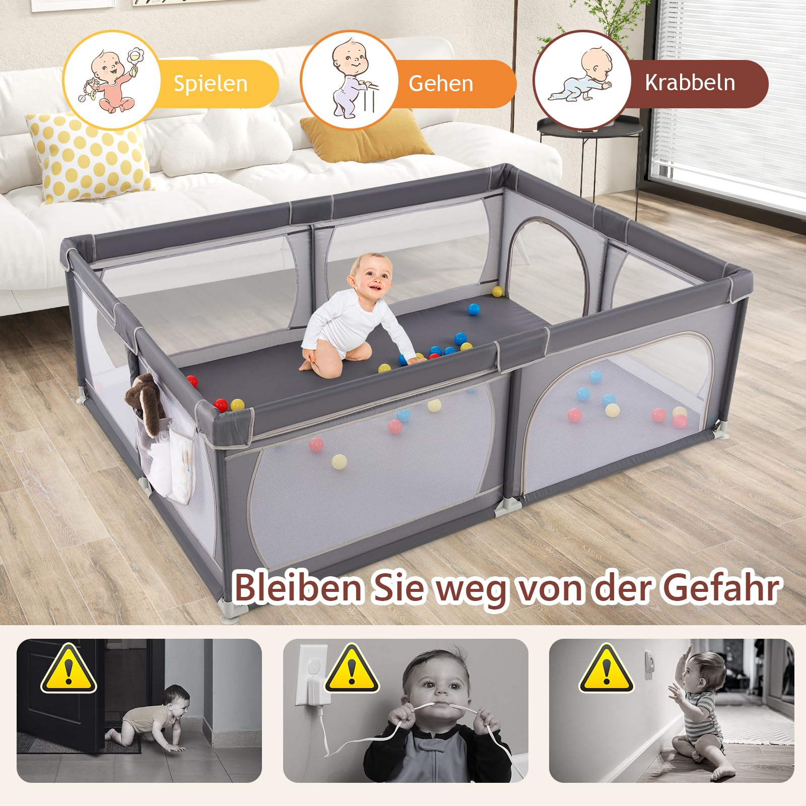 DREAMADE 200 x 140 cm Baby Laufstall, Laufgitter mit 50 Bällen & Tragetasche, Krabbelgitter für Kinder im Innen- & Außenbereich (Dunkelgrau, ohne Matratze)