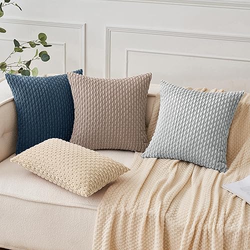 Miniatura 5 de Woaboy Juego de 2 fundas de almohada azules de 16 x 16 pulgadas, fundas de almohada decorativas para sofá de pana suave estilo campestre para