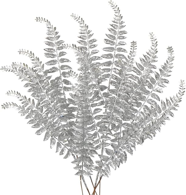 6PCS Christmas Glitter Leaves 63cm Artificial Boston Fern Silver Glitter Leaf Floral Picks Christmas Tree Decorations Artificial Leaves Stem for Xmas Tree Ornaments New Year Flower Arrangment