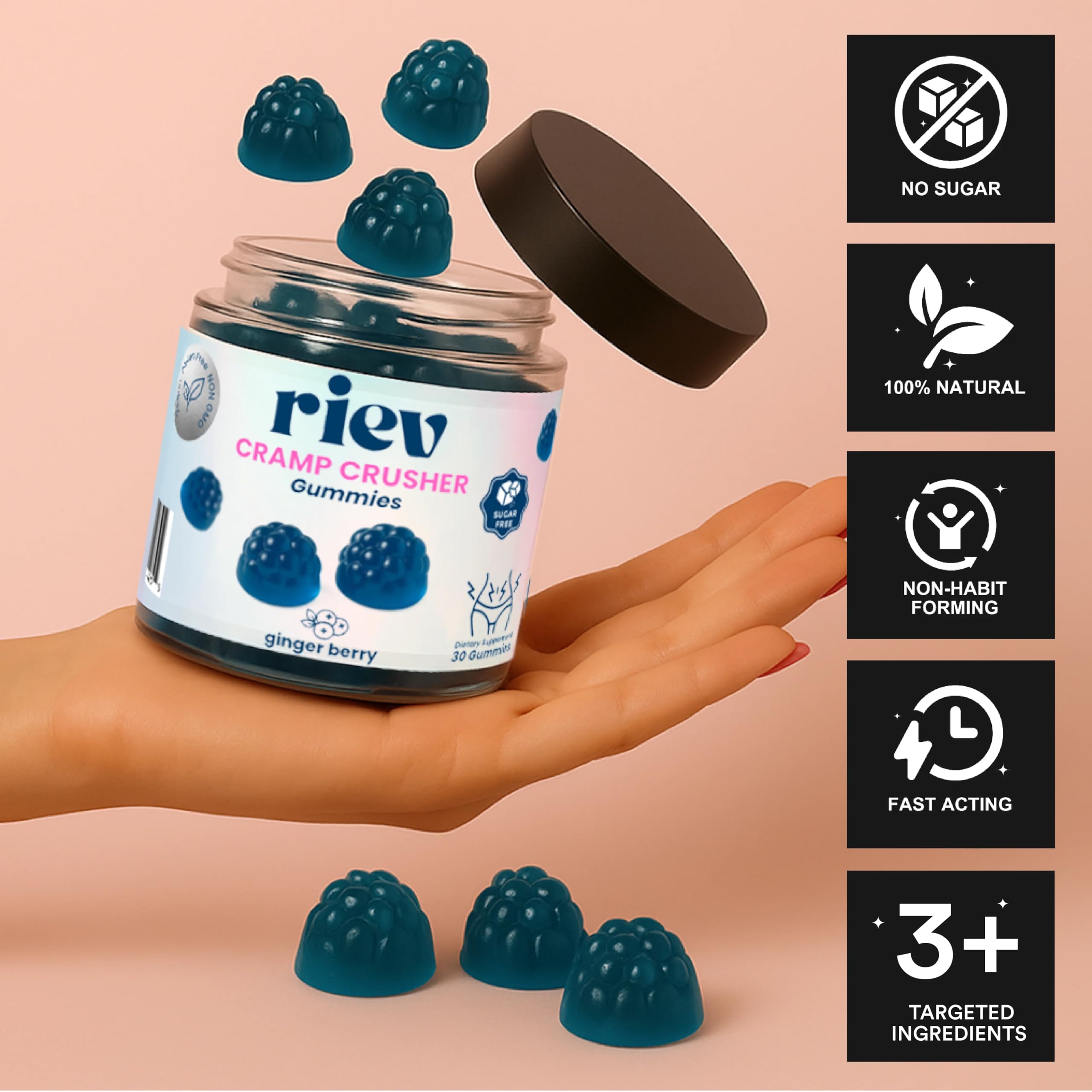riev Cramp Crusher Gummies – Soothe the Cycle Storm, Natural Plant-Based Formula with Ginger, Dong Quai & Magnesium – Vegan, Non-GMO, No Sugar – Ginger Berry Flavor – 30 Gummies — Amazon image 2