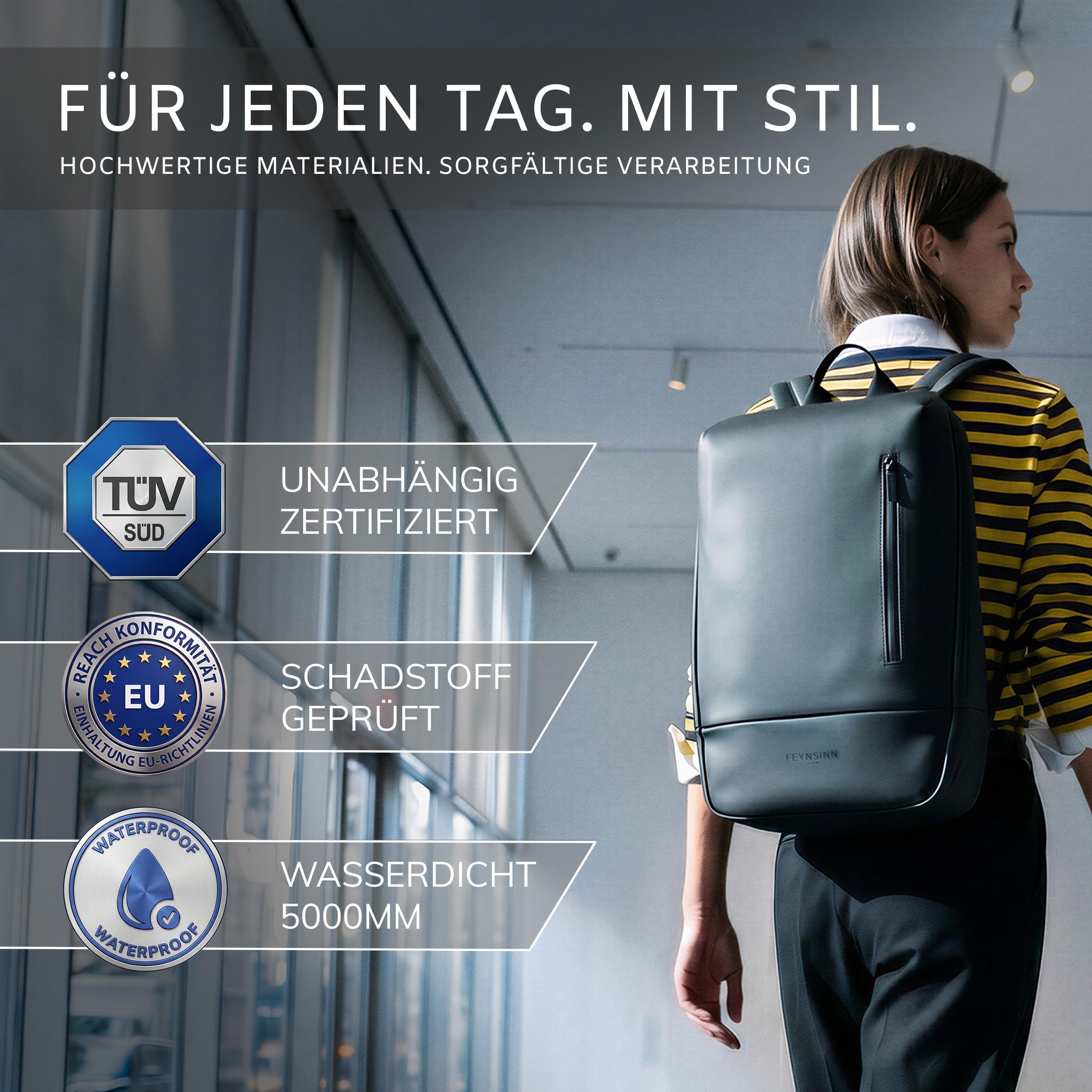 Commuter Rucksack mit durchdachtem Innenleben - wasserdicht aus recyceltem Material, mit Laptop-Fach (15,4") und Trolley-Fix Unisex Business Laptop-Rucksack elegant schwarz