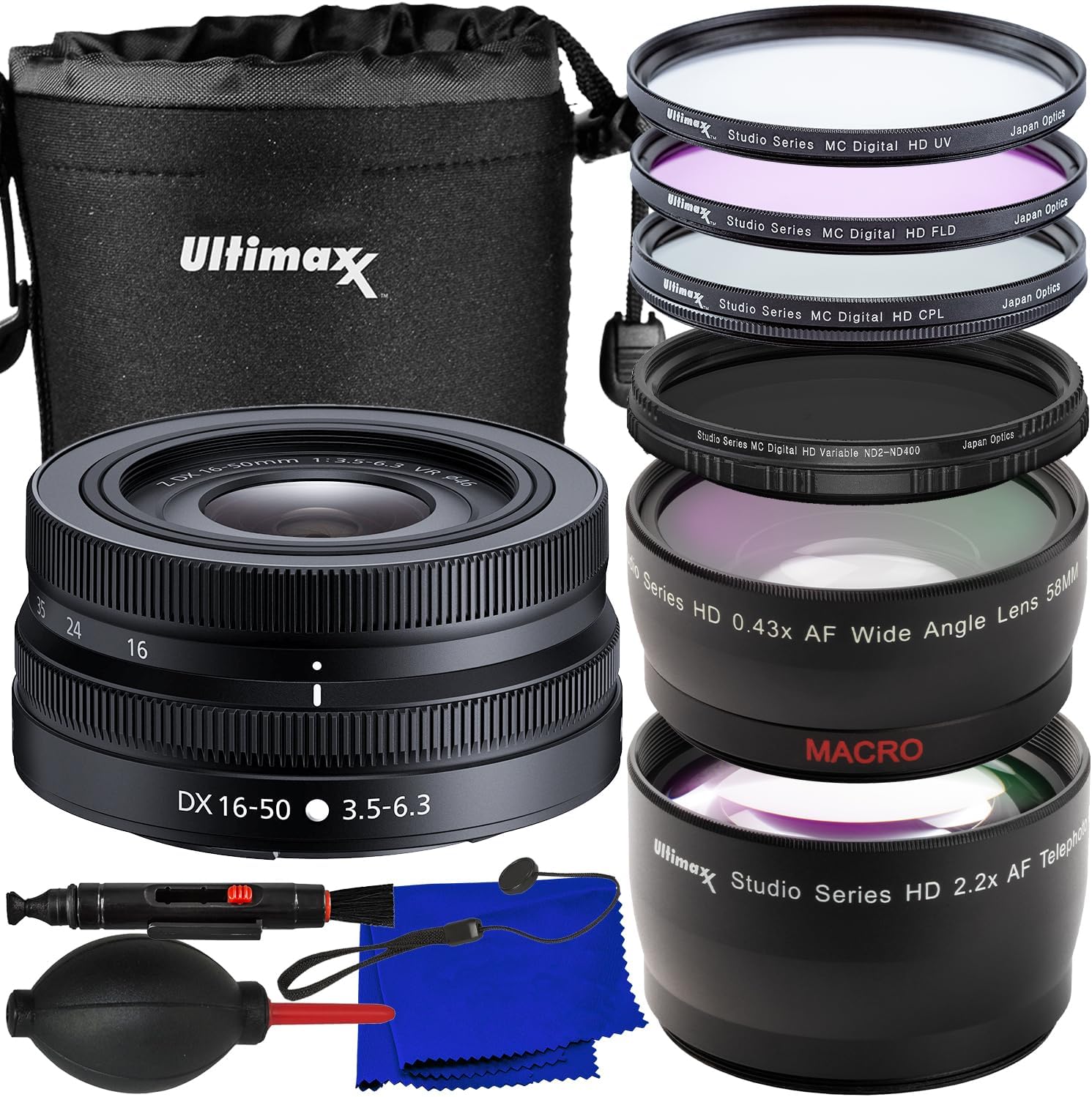 Ultimaxx Advanced Nikon Z DX 16-50mm f/3.5-6.3 VR Lens Bundle (Black) - Includes: Variable Neutral Density Filter (ND2-ND400), 3PC Protective Filter Kit, Water-Resistant Pouch & More (14pc Bundle)