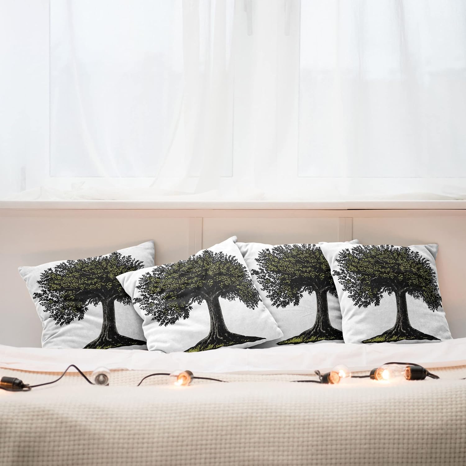 Ambesonne Tree of Life Decorative Throw Pillow Case Pack of 4, Digital Design of Mature Fruit Tree in Retro Engraving Style King of Forest, Cushion Cover for Couch Living Room Car, 24", Green White