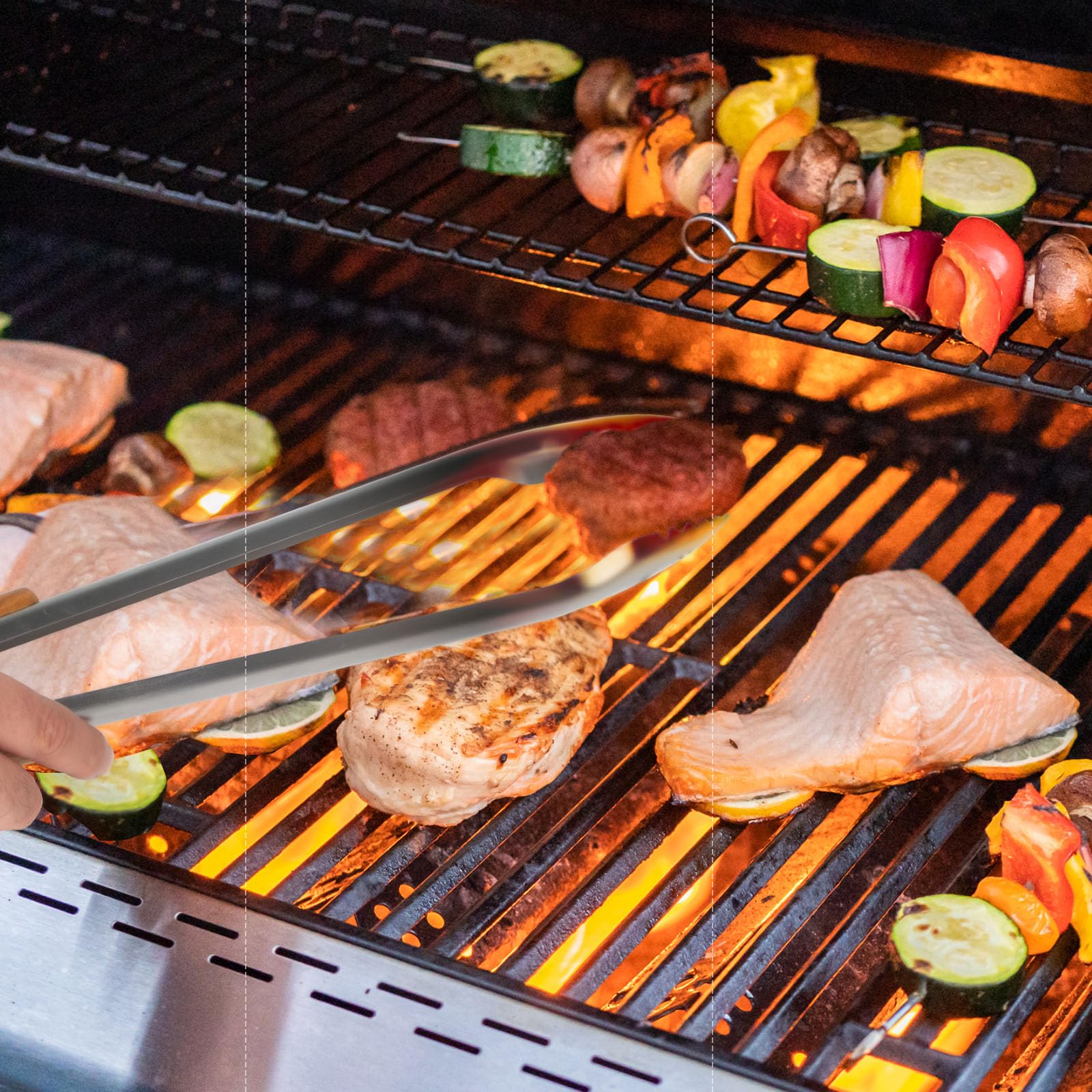 XUDAKAIXIN 53,3 cm extra lange Grillzange aus Edelstahl mit ergonomischem Griff aus Akazienholz – langlebiges und leicht zu reinigendes Grillwerkzeug zum Kochen, für die Küche und Grillen im Freien
