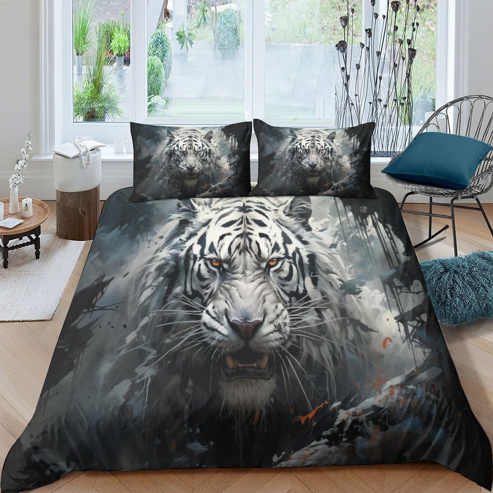Housse de couette tigre blanc avec fermeture éclair parure de lit 3D anti-plis 200x200