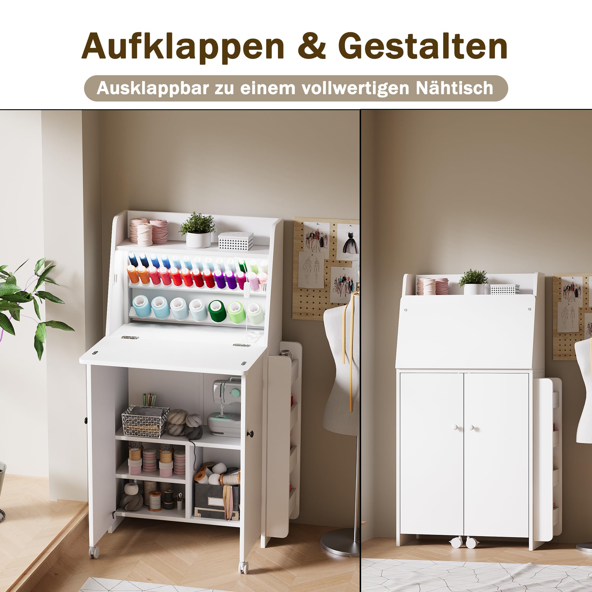 LED Nähtisch klappbar mit 33-Fach Garnhalter & 2 Steckdosen, USB+Typ-C Nähmaschinenschrank mit viel Stauraum, Mobiler Nähmaschinentisch auf Rollen, Platzsparender Basteltisch für Nähzubehör
