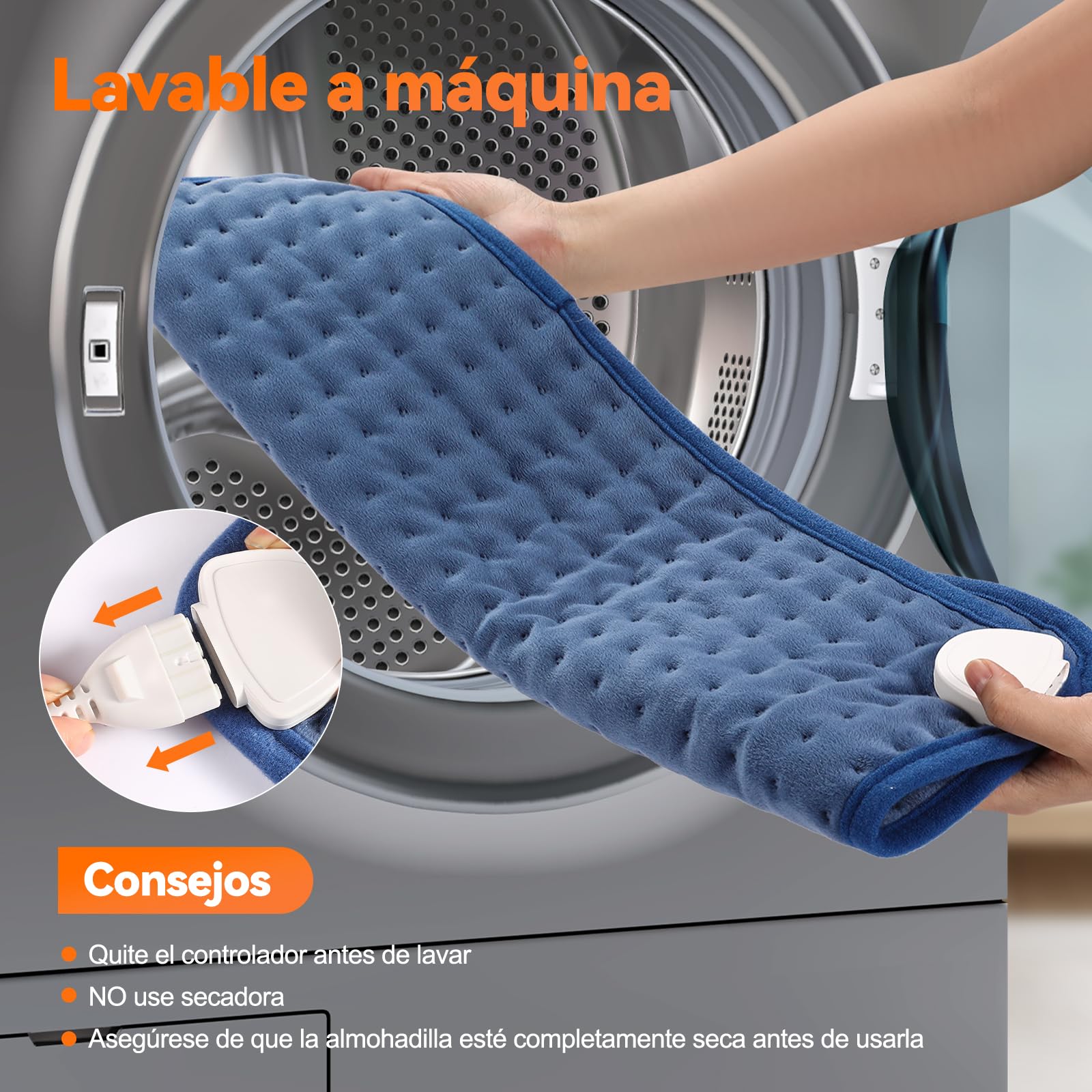Manta Electrica Lumbar, 30x60cm Esterilla Electrica mit 4-Stunden-Timer und 6 Heizstufen, Almohadilla Electrica Lumbar con Mando a Distancia Digital, Apagado Automático, Lavable a Máquina Azul