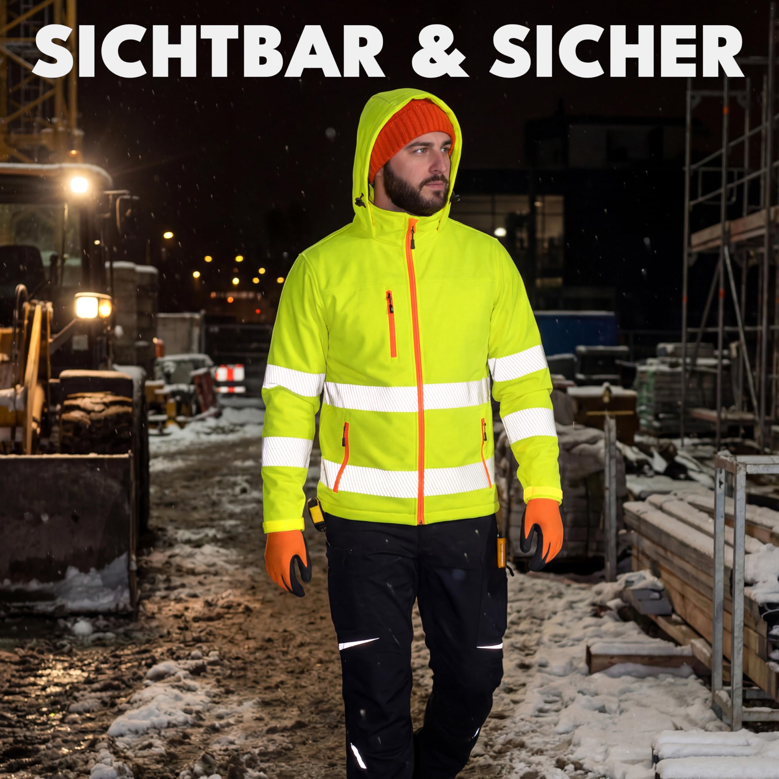 ACE Neon Lite Warnschutz-Jacke - Softshell-Warnjacke inkl. Reflektoren und abnehmbarer Kapuze - EN ISO 20471