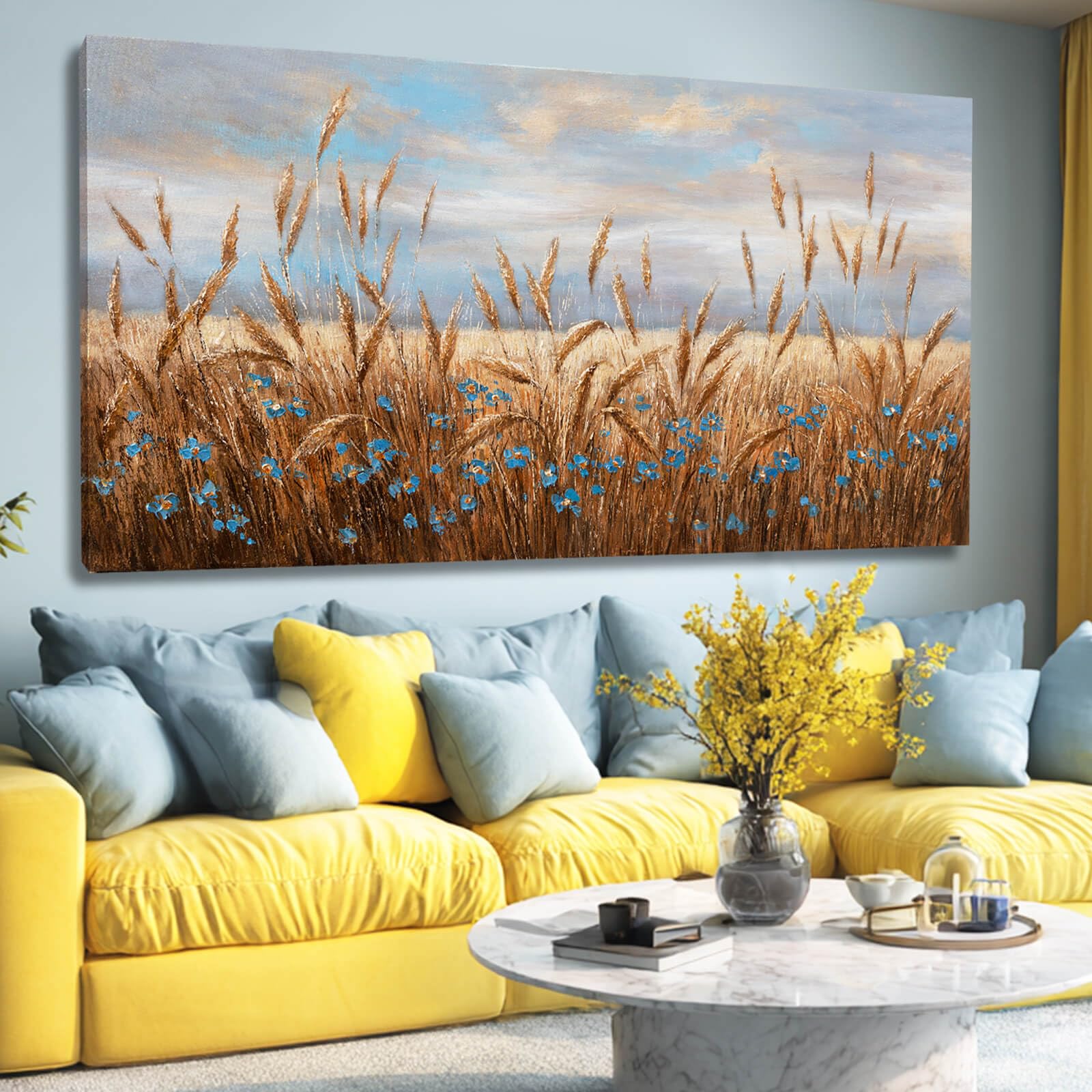 GAIDUOMAI Blue and Gold Pictures Rustic Wall Art Wheat Room Decor Floral Art Posters for Dining Room Big Painting for Living Room Kitchen 29x58 Inch