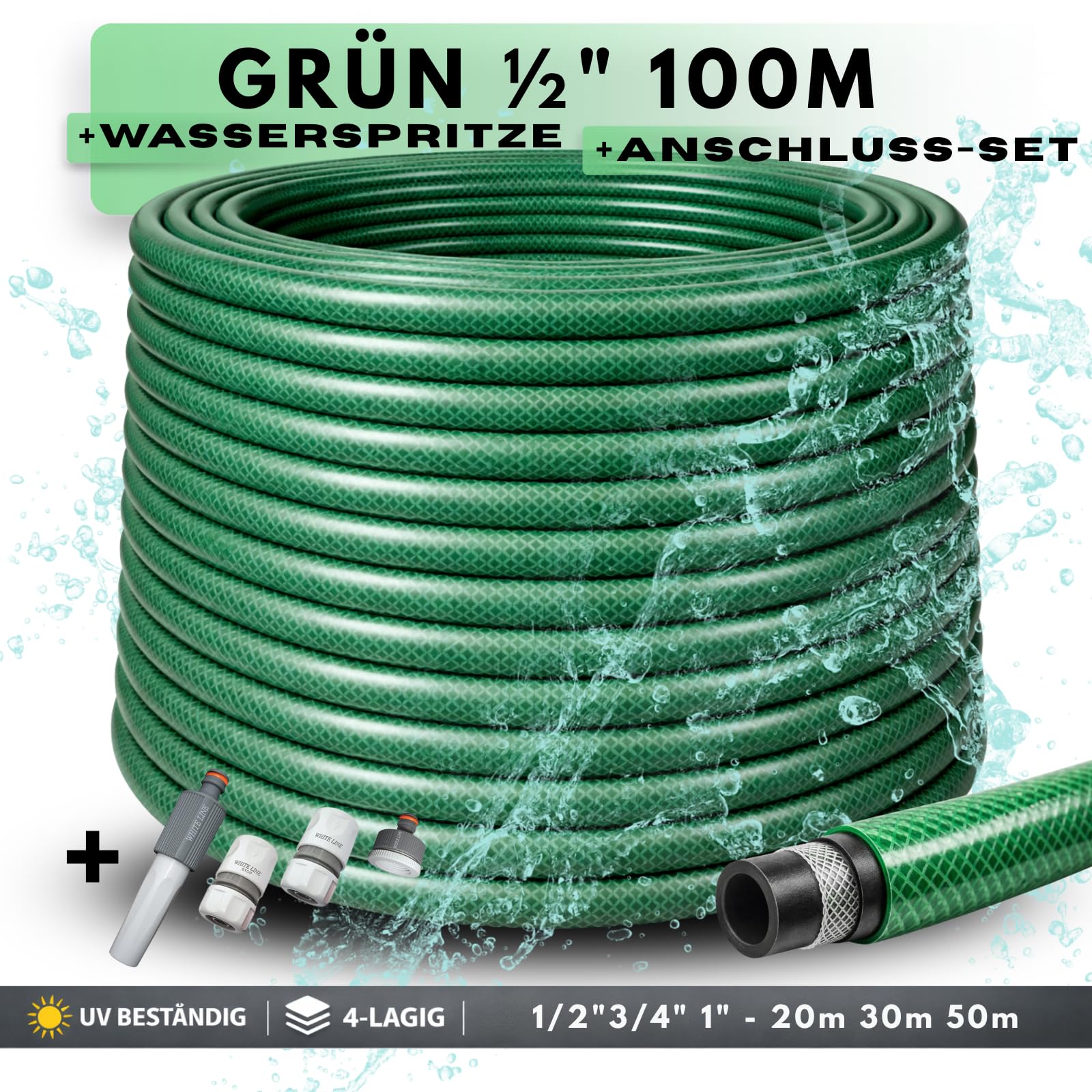 Premium Gartenschlauch 1/2 Zoll 20m 30m 50m – flexibler Wasserschlauch, knickfest & langlebig – UV-beständig – ideal für Gartenbewässerung (Grün, 1/2 Zoll 100M + Anschlüsse-set)