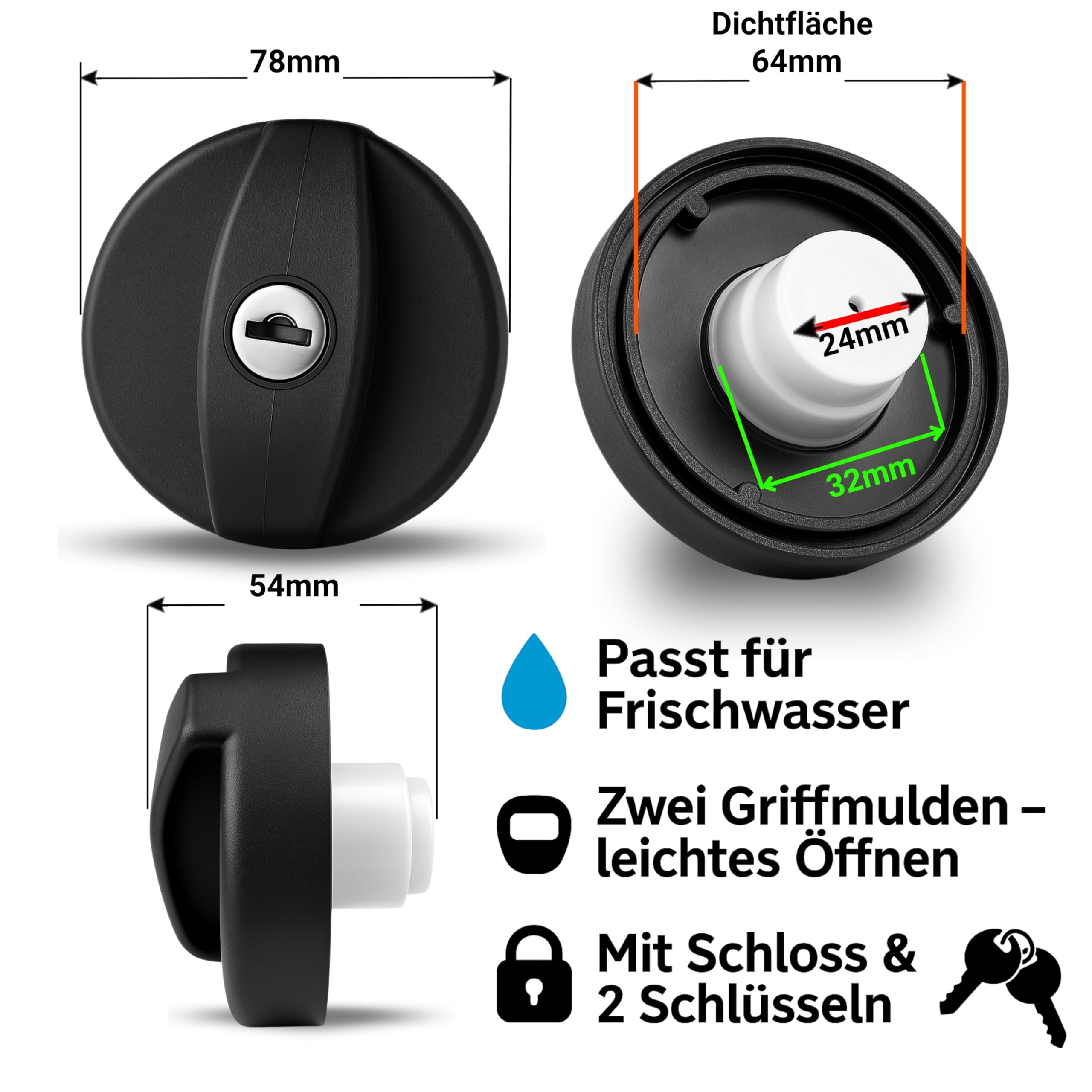 Abschließbarer Wassertankdeckel Wohnmobil – wassertankdeckel wohnwagen, deckel wassertank, für Einfüllstutzen Wasser Wohnmobil, Lebensmittelechter Kunststoff, UV-Beständig